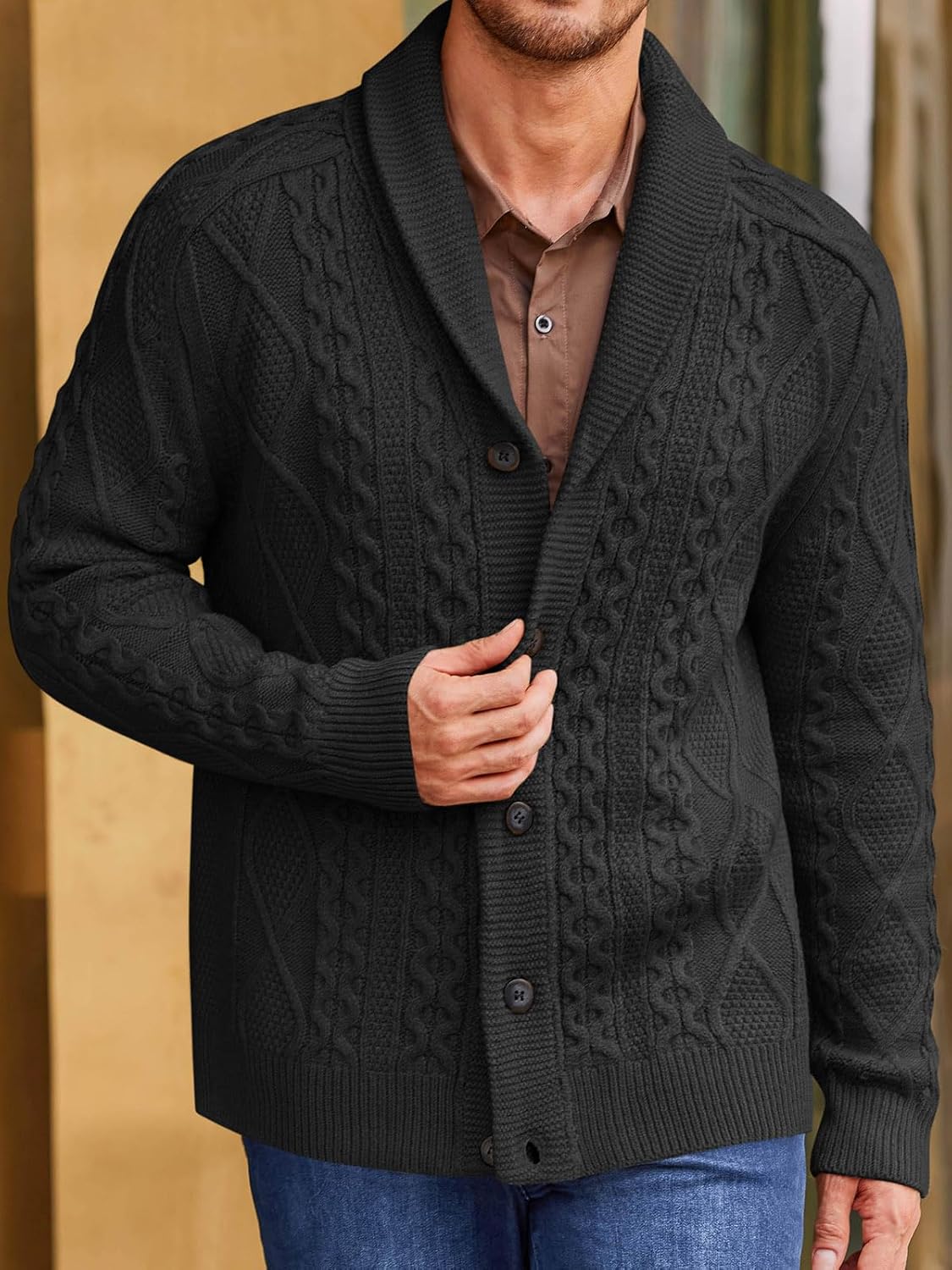 Runcati Mens Shawl Collar Cardigan Sweater Cable Knitted Button Down Sweaters Chunky Fall Winter Outwear - Image 2