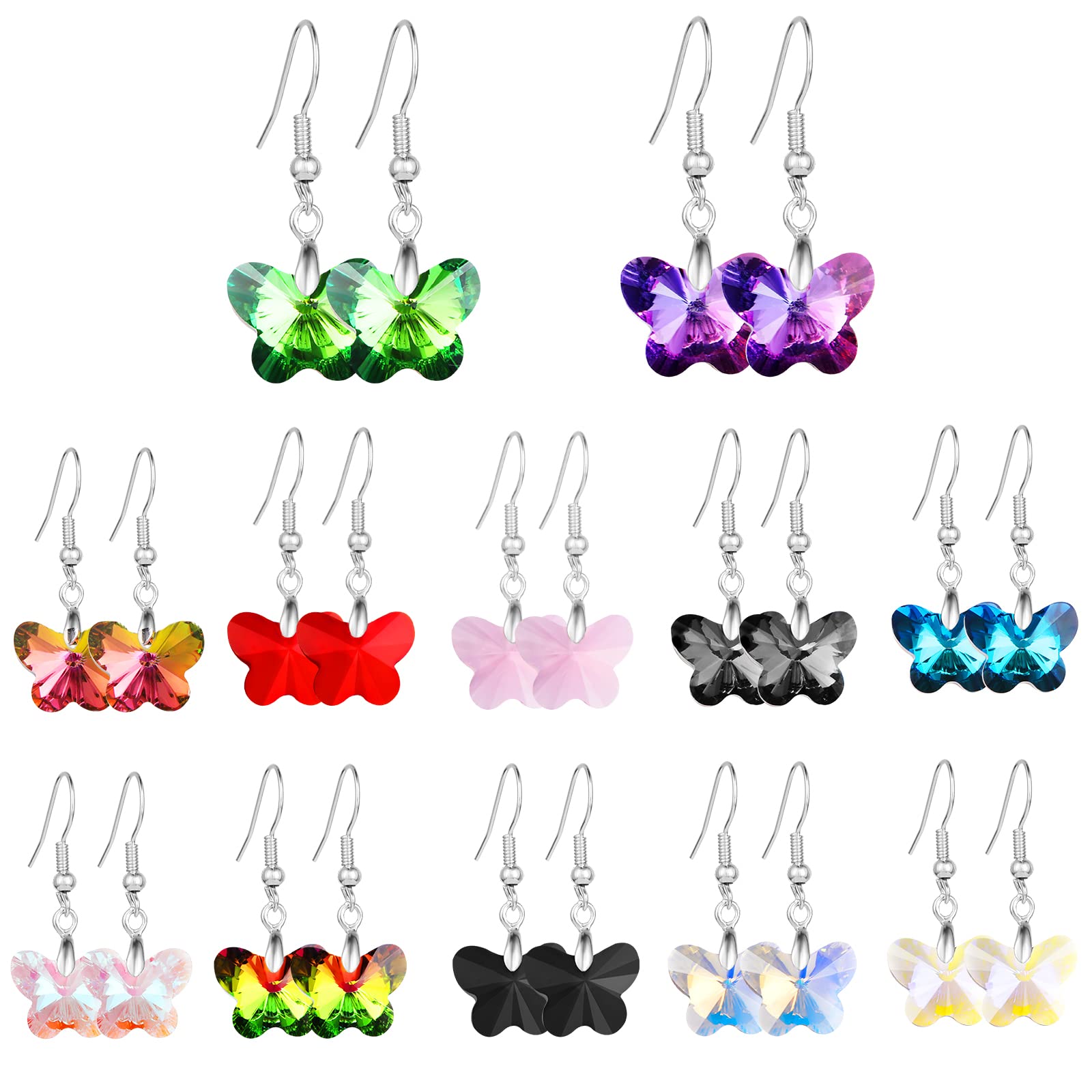 Yolev12 Pairs Crystal Butterfly Earrings Set Crystal Dangle Drop Earrings Rainbow Crystal Earrings for Women Girls (Butterfly)