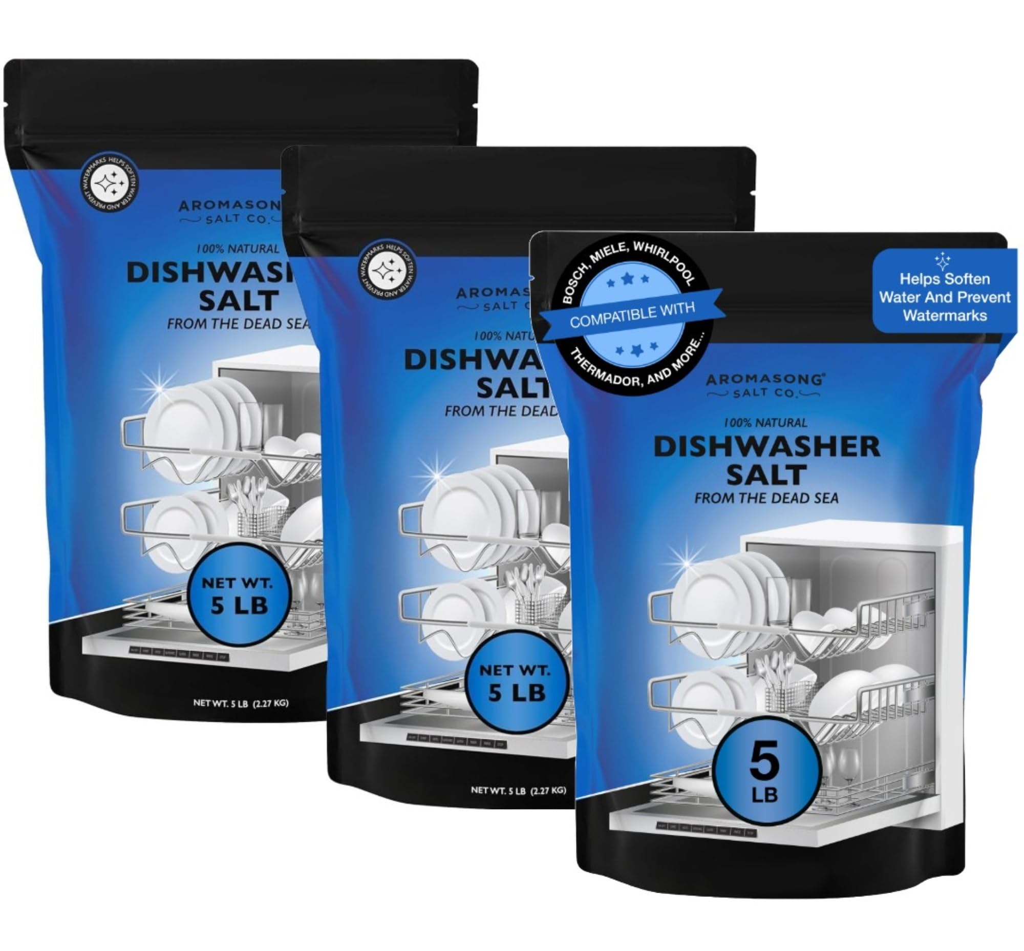 Aromasong Dishwasher Salt 15 LB - 100% Natural Water Softening Agent Compatible with Bosch, Miele, Whirlpool, Thermador, and More... for Cleaner