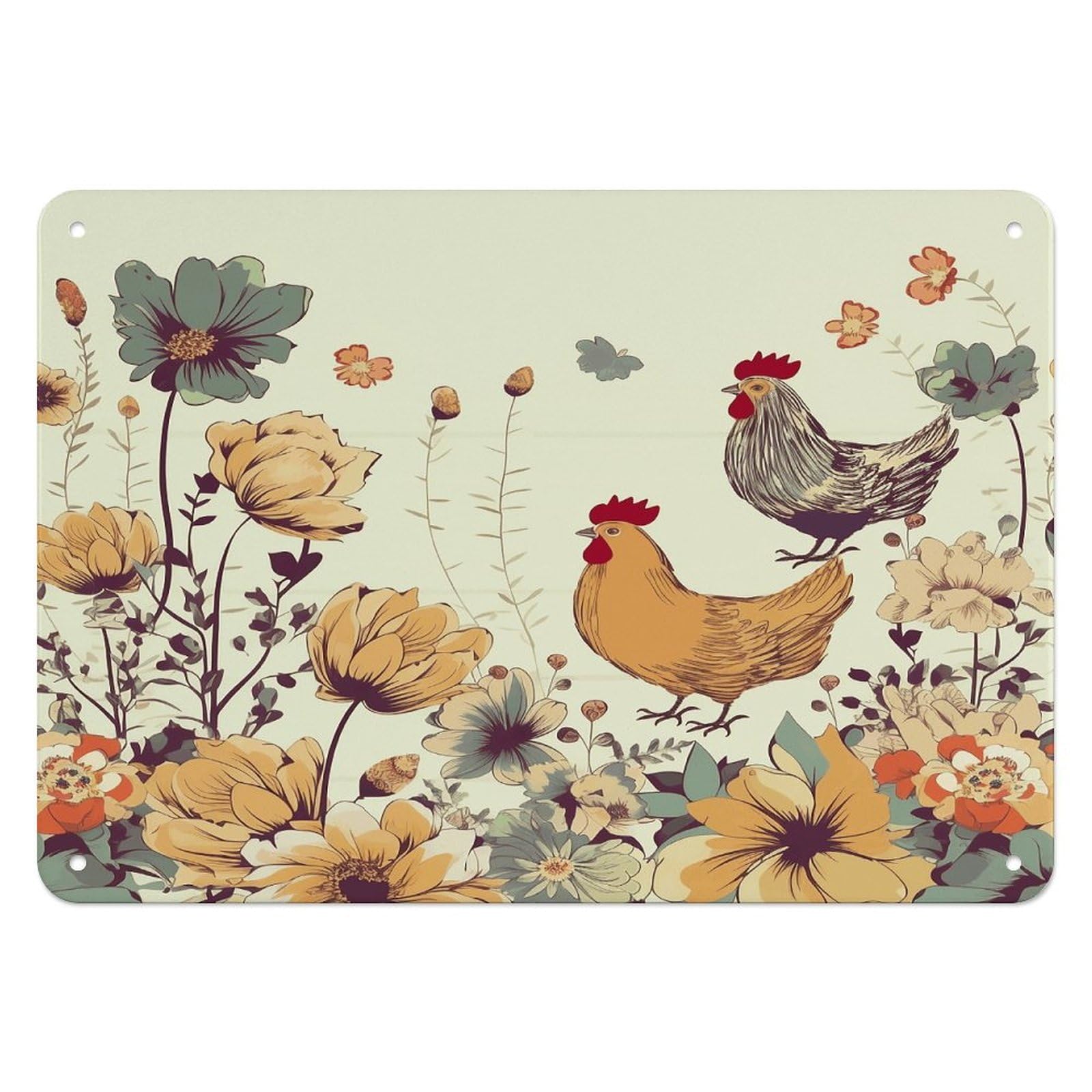 Btcowzrv Style Hen Flying Butterflies Among Flowers Metal Sign, 5.5" X 7.9" Tin Wall Decor, Wall Art Plaques For Home Wedding Decor Room Living Room Decoration