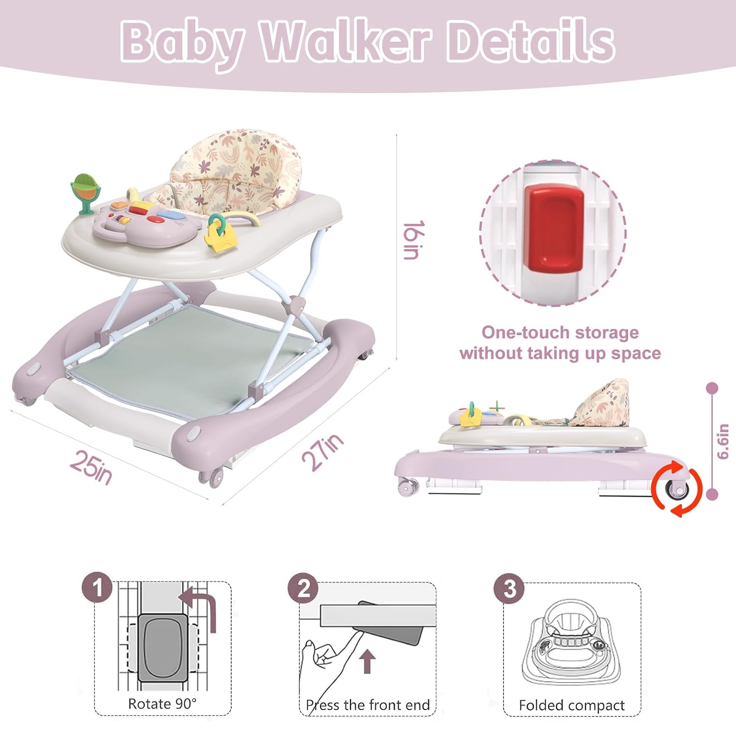 5 in 1 Foldable Baby Walker,Activity Baby Walker-Baby Bouncer,Rocker,Activity Center,Seat and Push Walker,Detachable Footrest Mat,Adjustable Speed Rear Wheels and Height,Ages 6-18 Months (Purple)