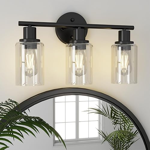 Miniatura 8 de Pia Ricco Lámparas de tocador de baño, 3 luces negras con pantallas de vidrio transparente, moderna lámpara de pared sobre espejo, apliques de pared