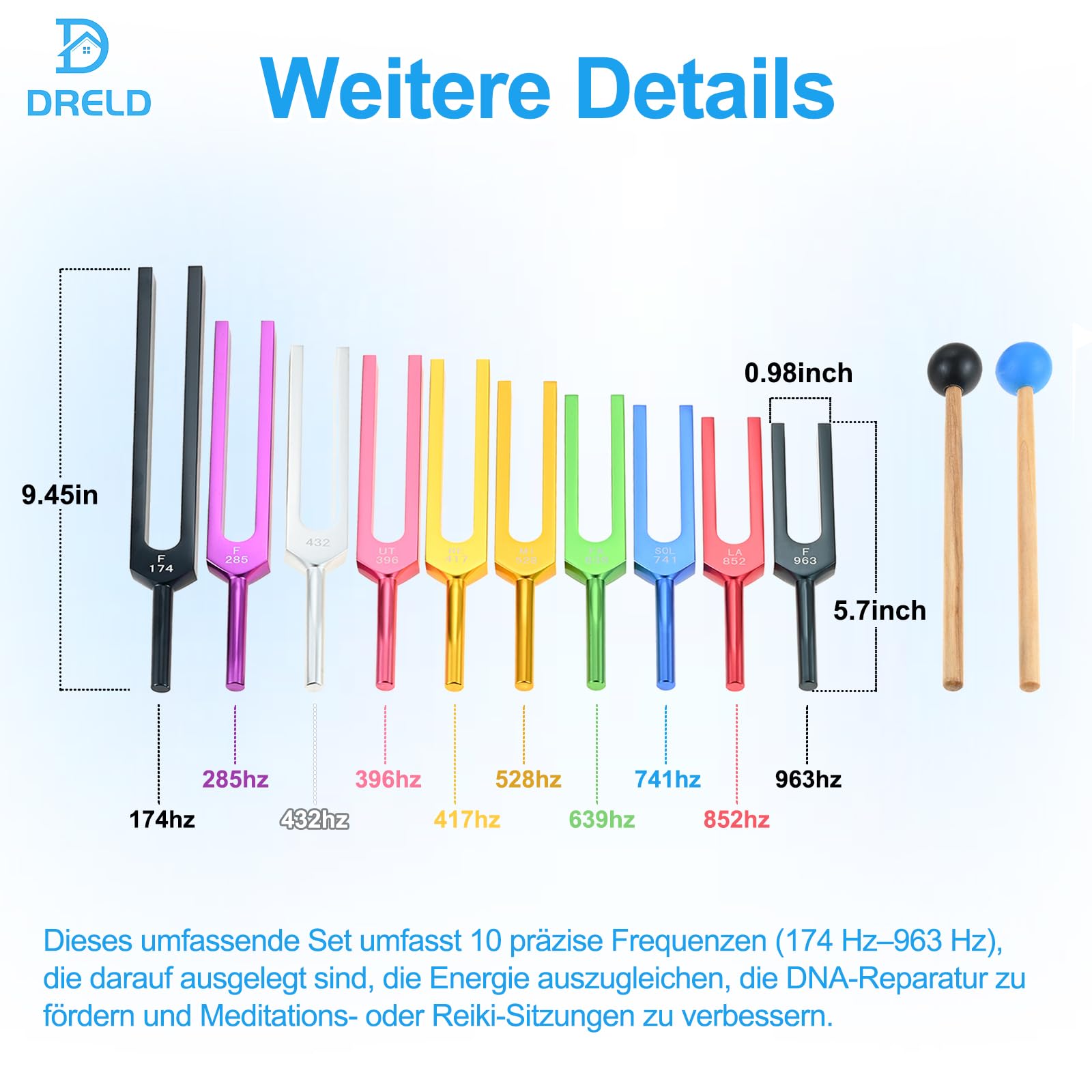 DRELD Stimmgabel,Stimmgabel Neurologie,10er Set (174 Hz, 285 Hz, 396 Hz, 417 Hz, 432 Hz, 528 Hz, 639 Hz, 741 Hz, 852 Hz, and 963 Hz), für Klangtherapie Gewichtete Stimmgabel Geeignet Meditation