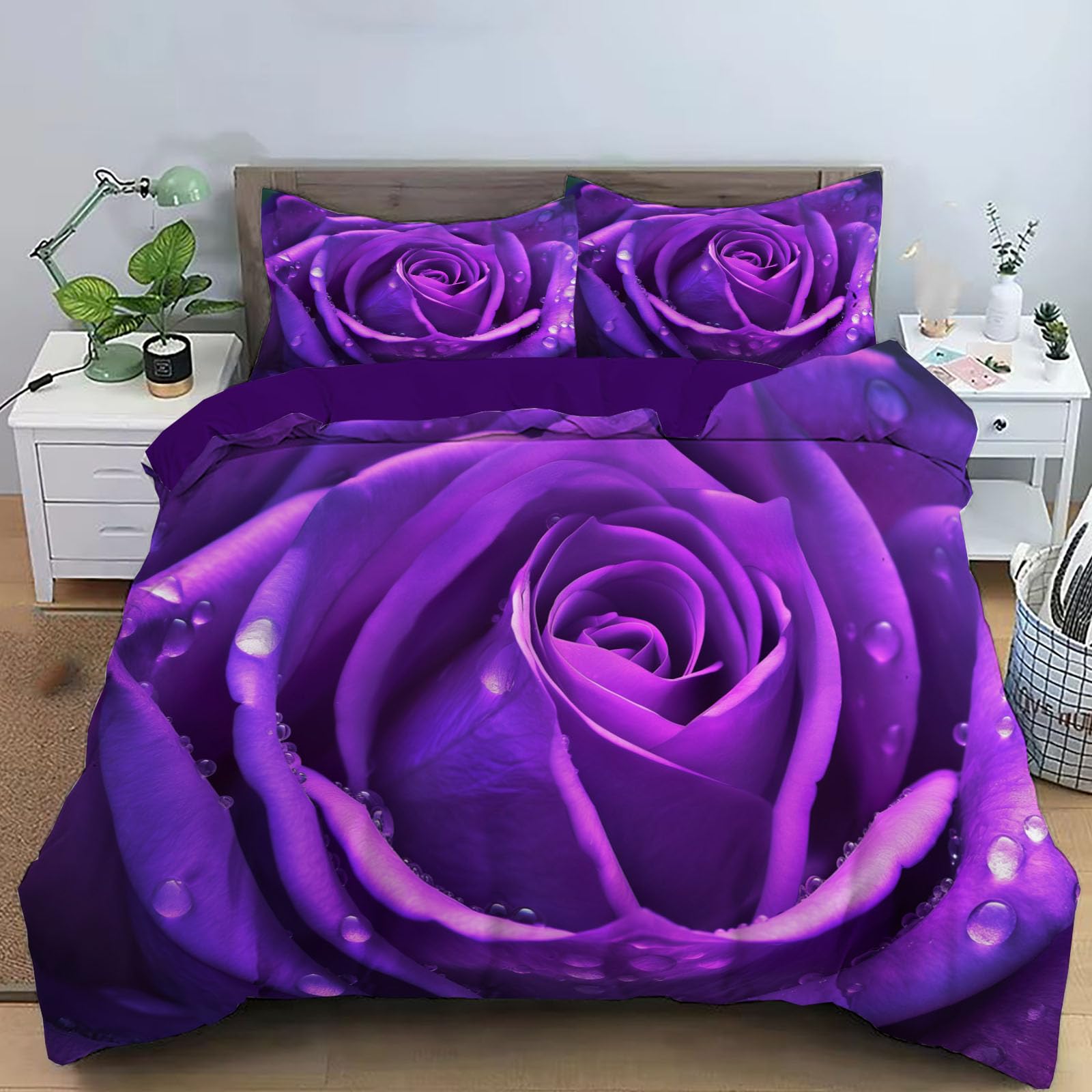 Housse de couette 240x260cm violet foncé avec 2 taies d'oreiller motif fleurs 3D