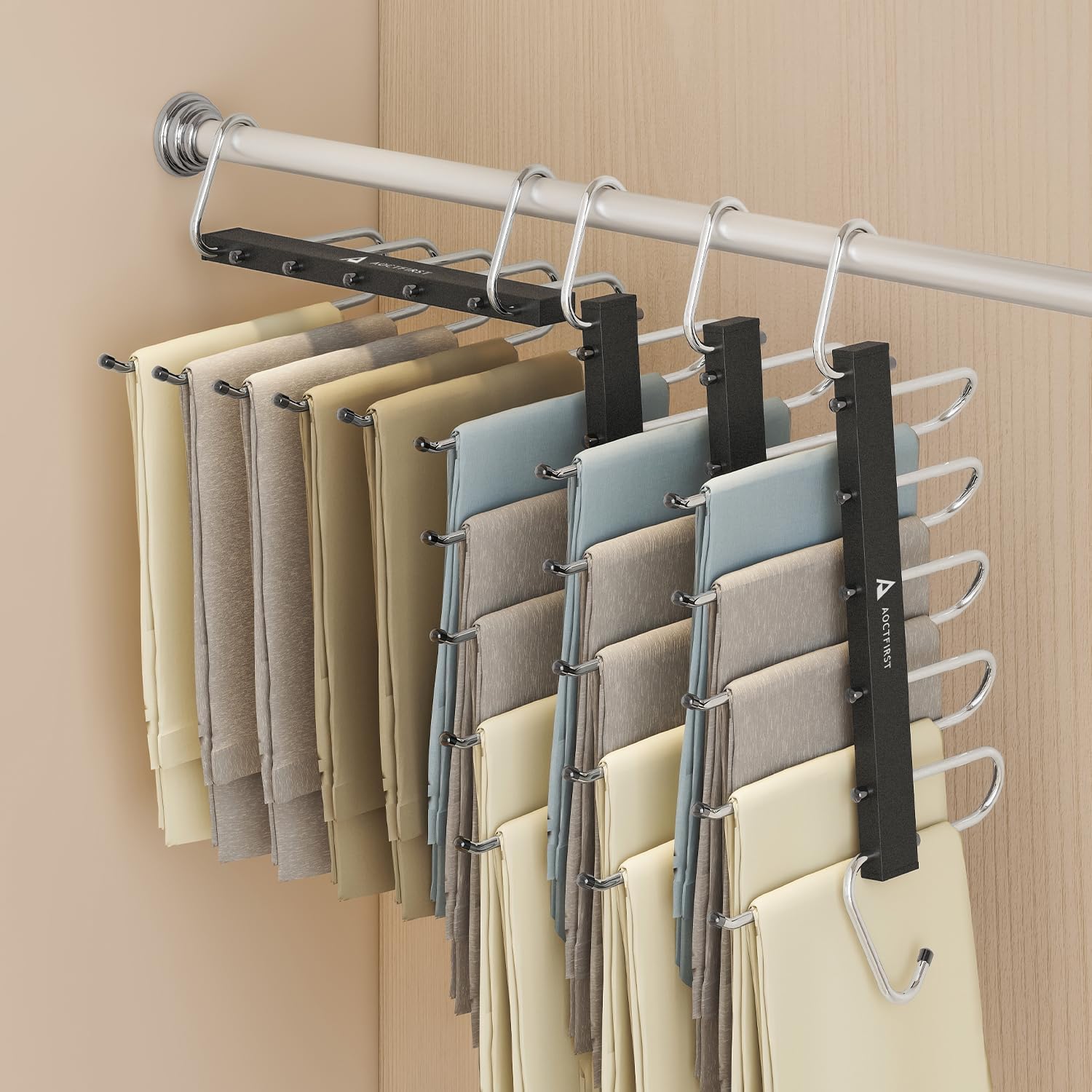 4 Pack 5 Tier Space Saving Hangers, Stainless Steel Black Closet Organizer for Pants, Jeans, Skirts, Scarves - Durable & Heavy Duty
