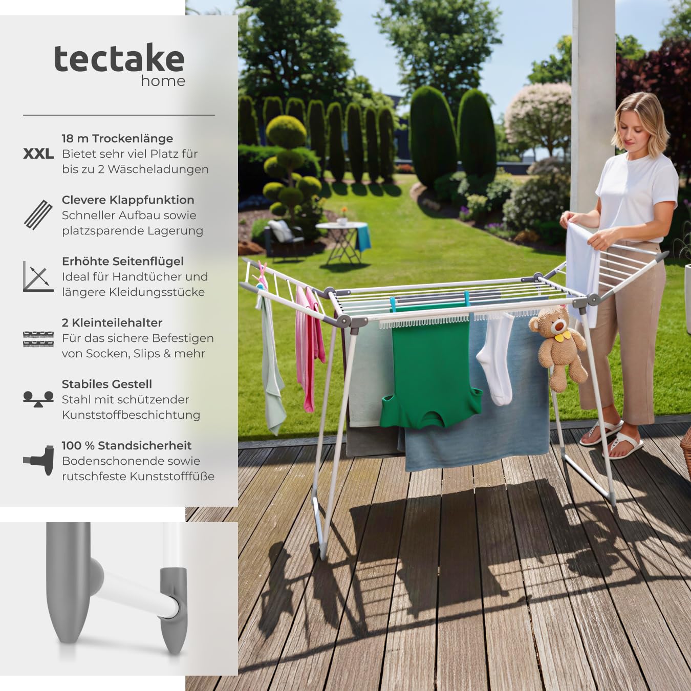 tectake® Wäscheständer XXL standfest, klappbar, 18 m Trockenlänge auf 25 Stangen, Wäschetrockner Ständer mit 2 Kleinteilehaltern, Flügel Wäscheständer mit erhöhten Seitenteilen für Lange Teile - weiß - Image 2