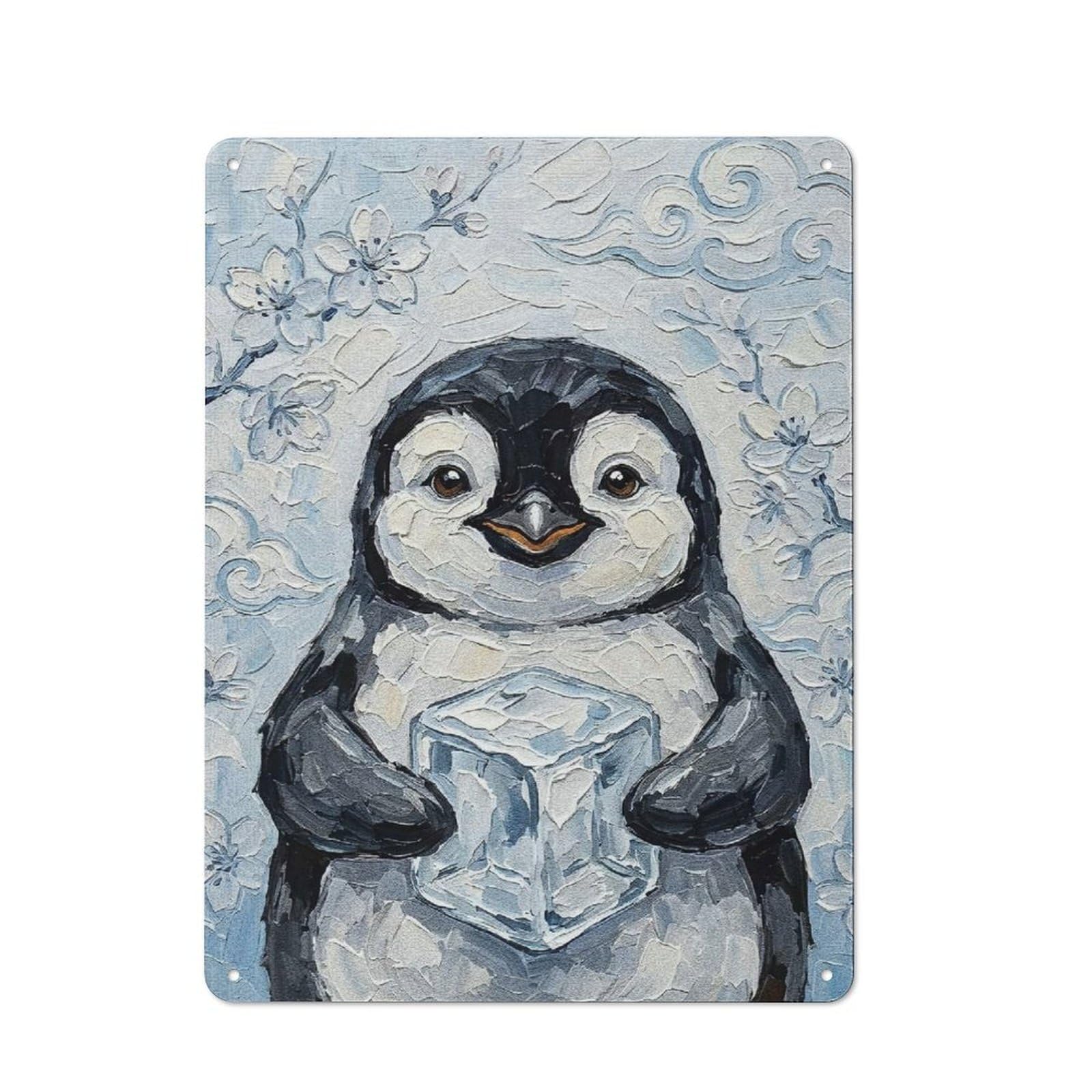 Junmoney Style-18 Distressed Look Penguin With Ice Cube Painting Decorative Tin Sign 40X30cm, Retro Room Decor For Lounge, Study, Pub Or Wall Gallery