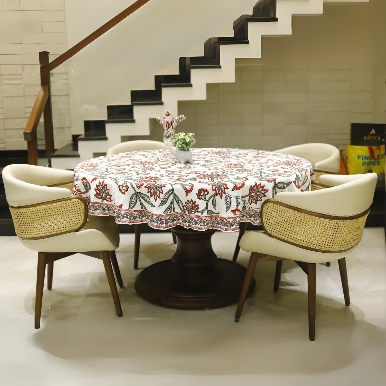 100% Organic Cotton Red Table Cloth, Indian Block Print Table Linen for Dining, Parties, Wedding, Outdoors Home Decor | 60 INCH Round | 4-6 Seater - Crimson Red and Sage Floral Vatika - Image 3