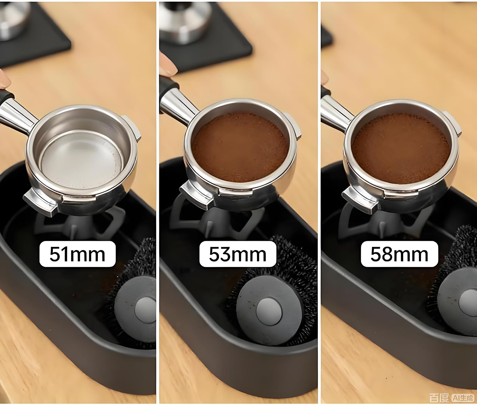 Kit per la pulizia del portafiltro del caffè – Pulitore automatico per bussare con stazione spazzola, raccogli terra e supporto per macchine da caffè espresso da 51/53/58 mm