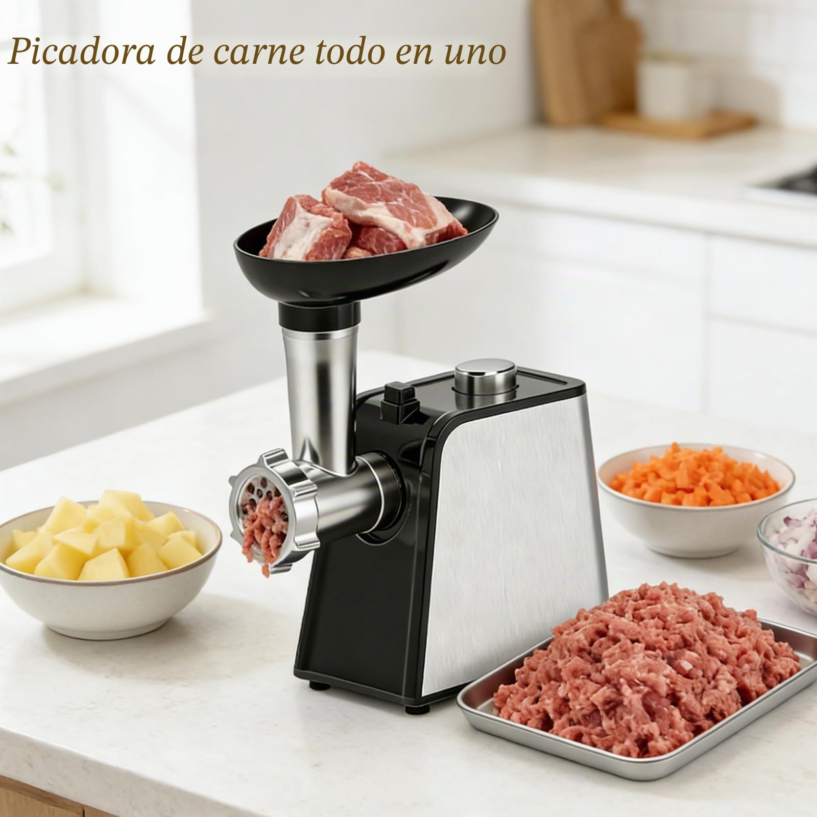 Picadora de Carne Eléctrica 3200W Max, Picadora de carne Multifuncional | Con 3 Placas de Corte, 2 Cuchillas y 3 Tubos para Embutidos, Picadora de Carne en Acero Inoxidable para Uso Doméstico