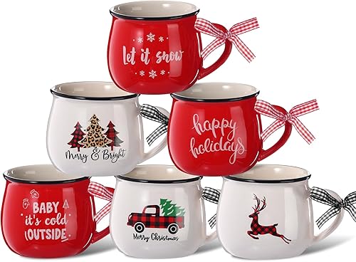 Sawysine Juego de 6 tazas de café de Navidad, tazas de cerámica de 12 onzas, regalo de chocolate caliente para mamá, mujer, familia, amiga, granja