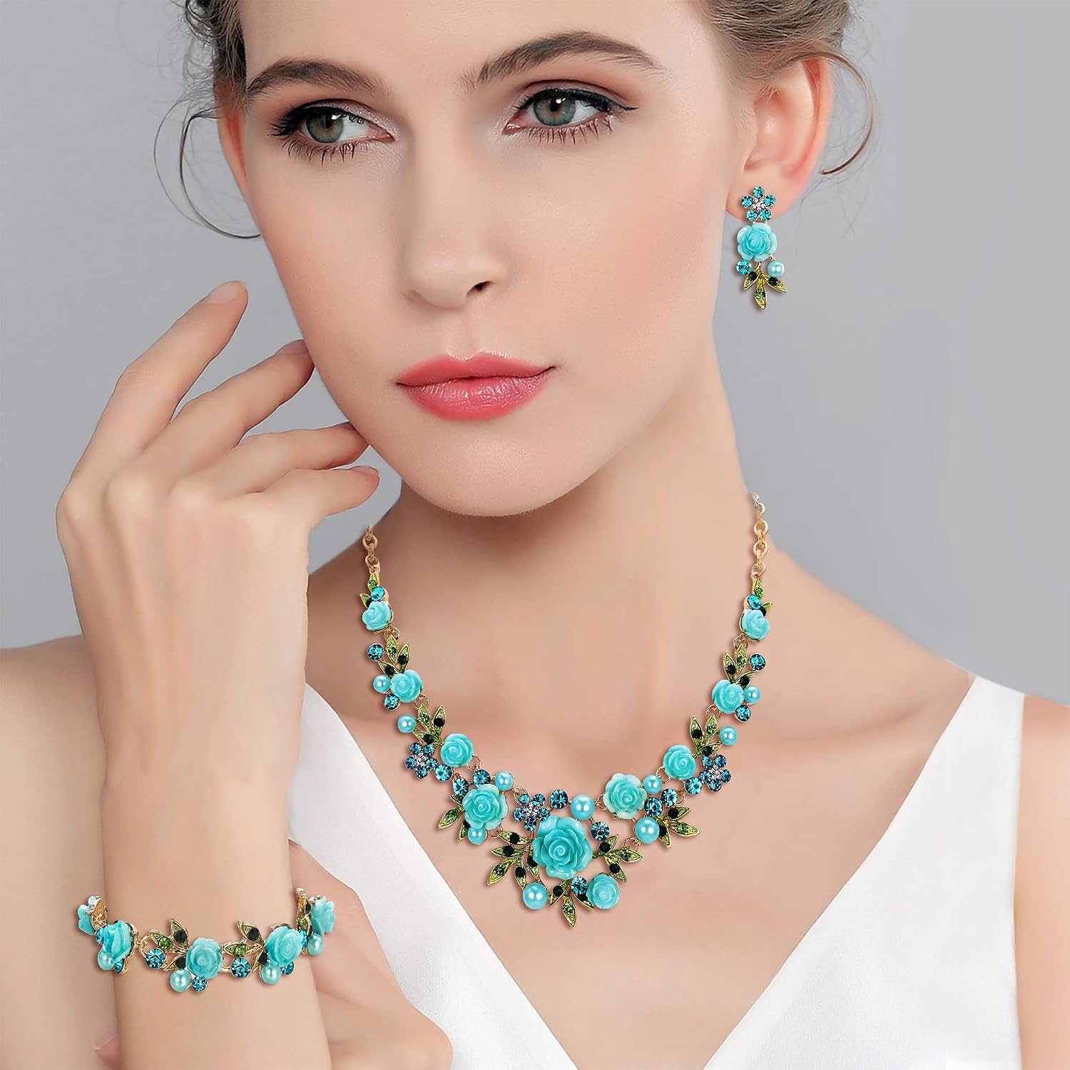 EVER FAITH Costume Jewelry Crystal Simulated Pearl Rose Flower Leaf Prom Party Statement Necklace Earrings Bracelet Set for Women