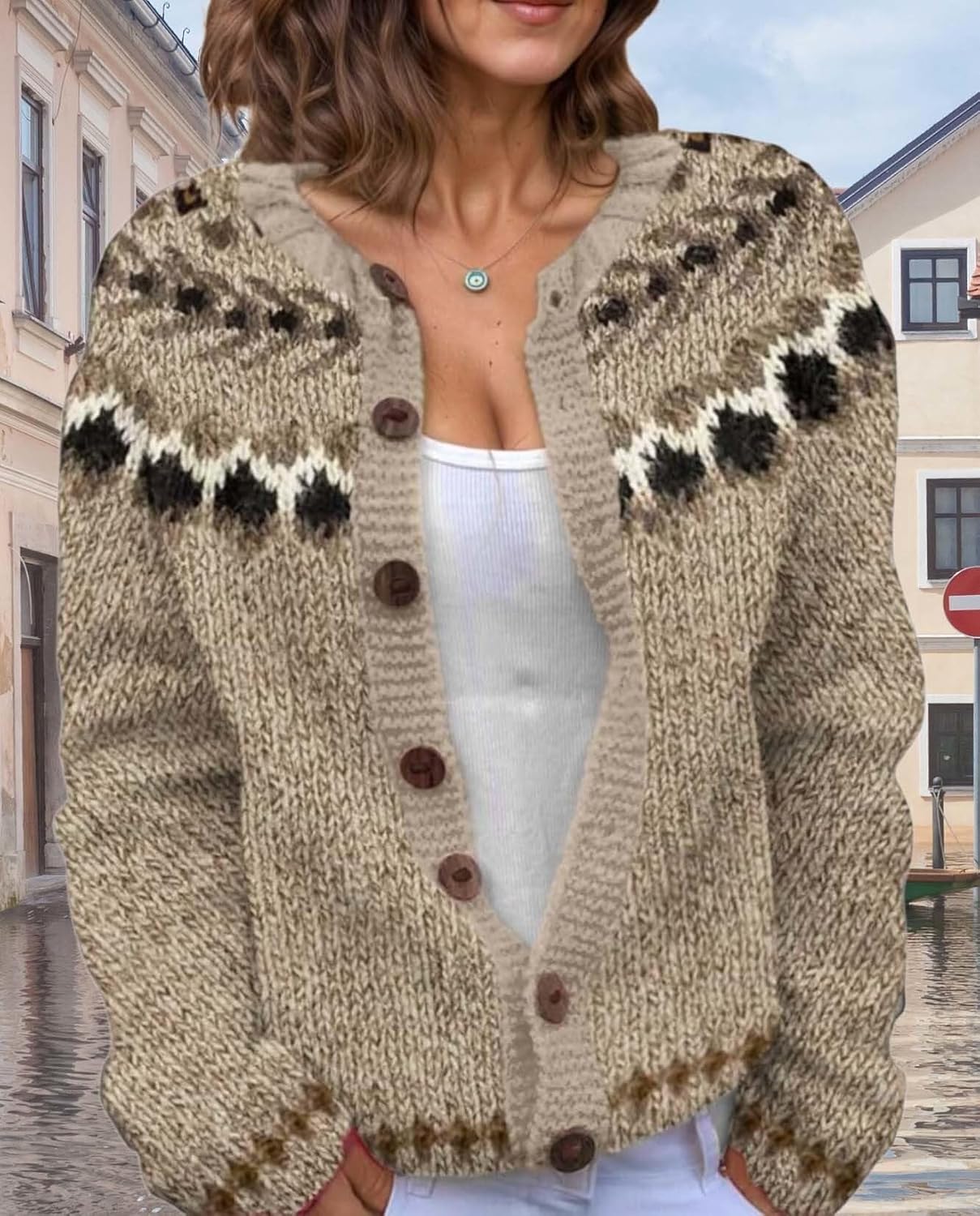 Women's Fair Isle Pattern Knit Cardigan Sweater Vintage Button Down Open Front Jacket Coat for Fall & Winter 2025 - Image 7