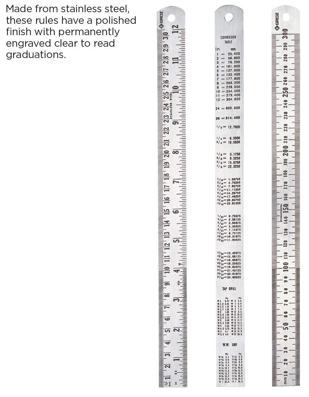 Groz 18インチ スチールルール | ステンレススチール | インペリアル&amp;メトリック目盛 (01332)