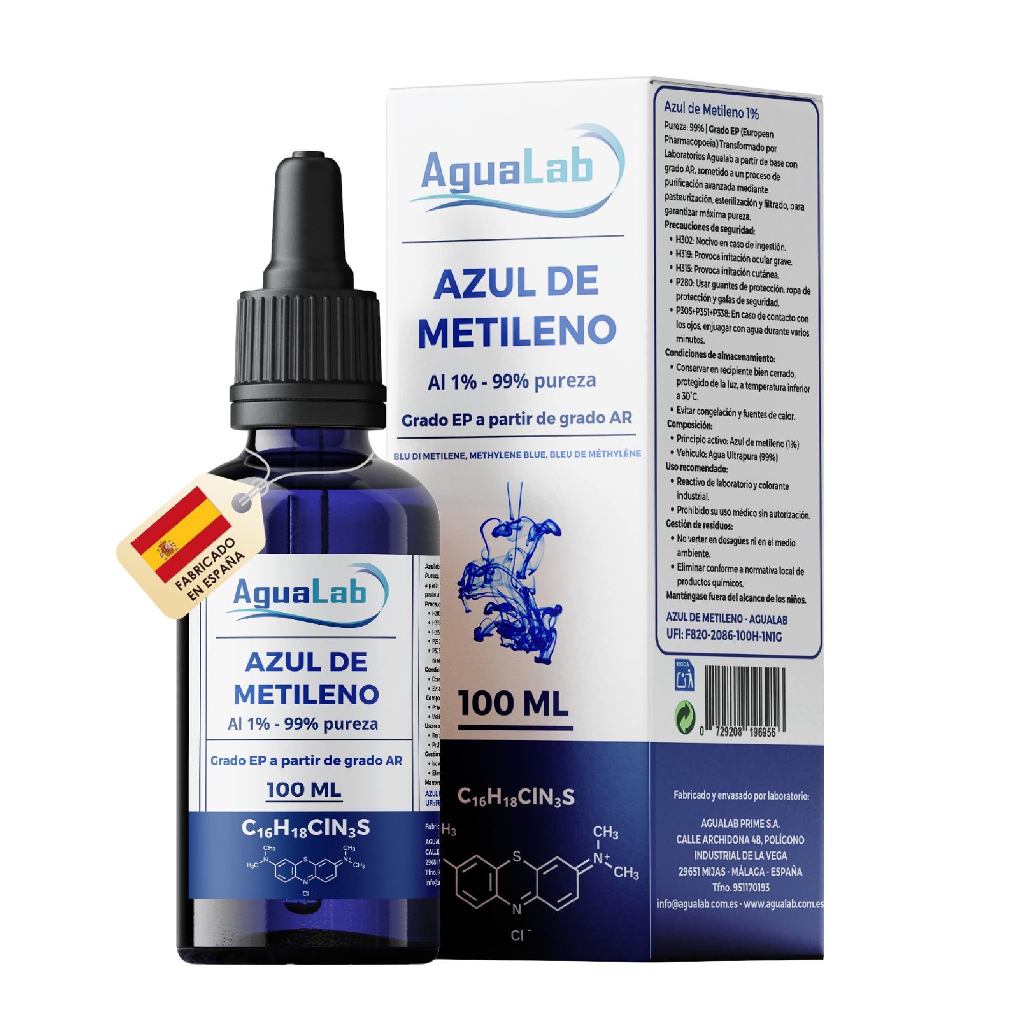 Blu di Metilene 1% Soluzione Grado EP 100 ml Alta Purezza 99% Flacone di Vetro Ambra con Dosatore