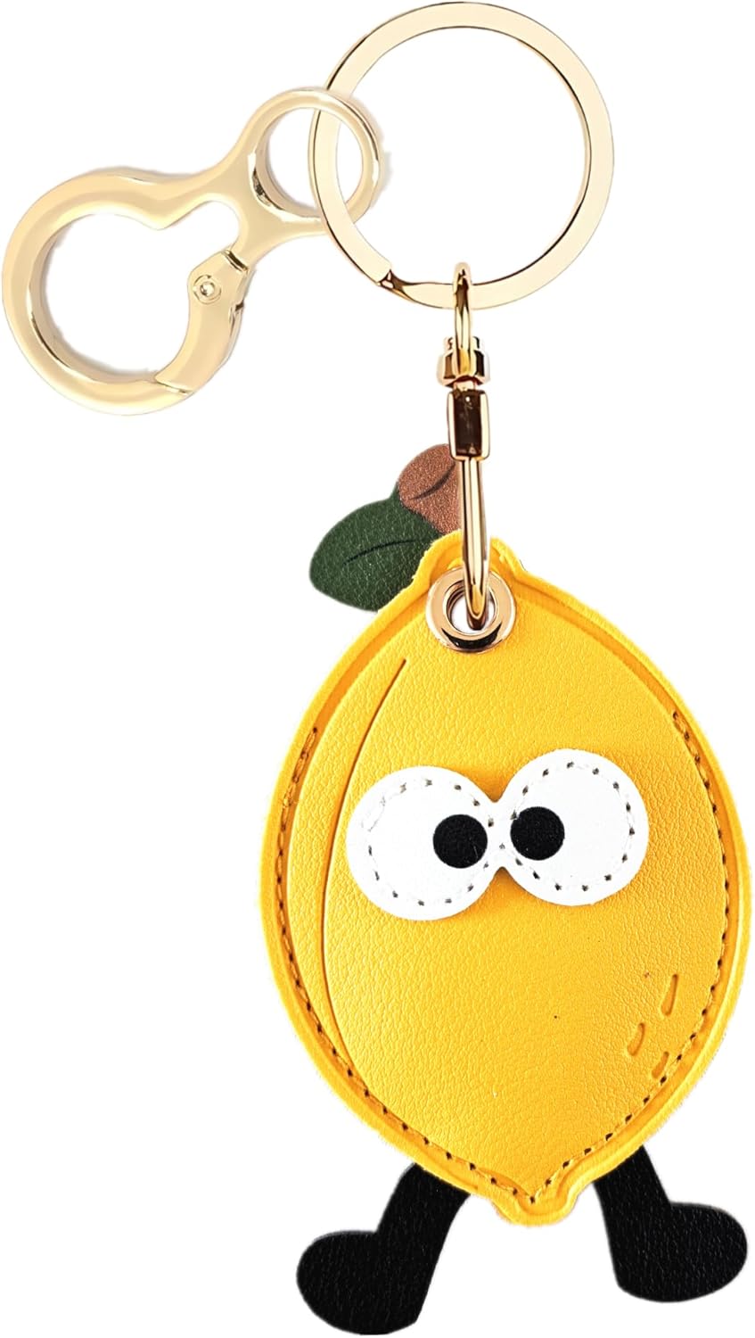 Leather Keychain Holder Case Compatible with AirTag,Cute Big Eyed Fruit Element Protective Air Tag Cover with KeyRing,Anti-Scratch Finder GPS Tracker Case for Wallet,Keys,Bag,Pets(Lemon A)