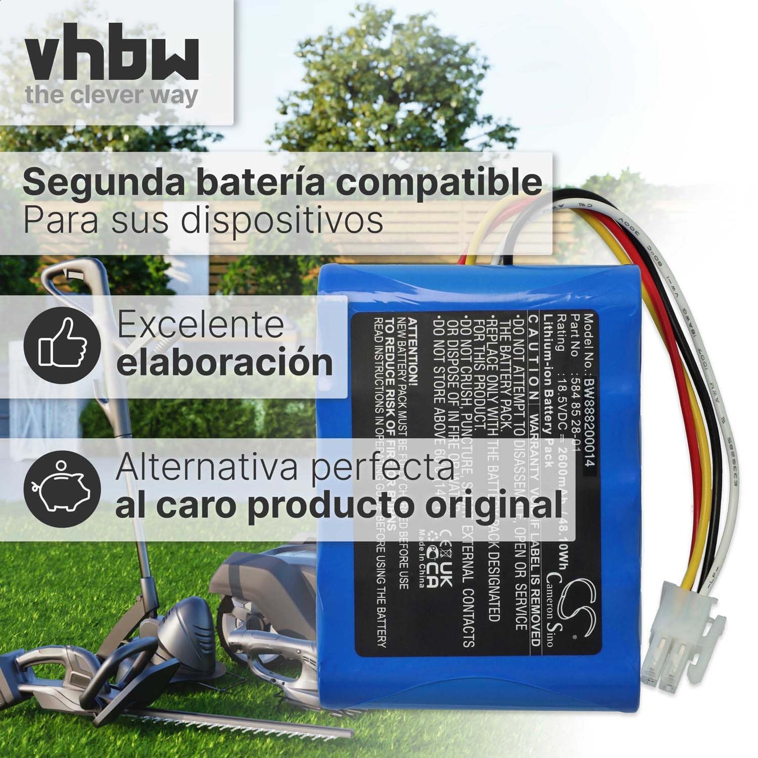 vhbw Batería reemplaza Husqvarna 592 96 83-01 para cortacésped 2600mAh 18,5V Li-Ion