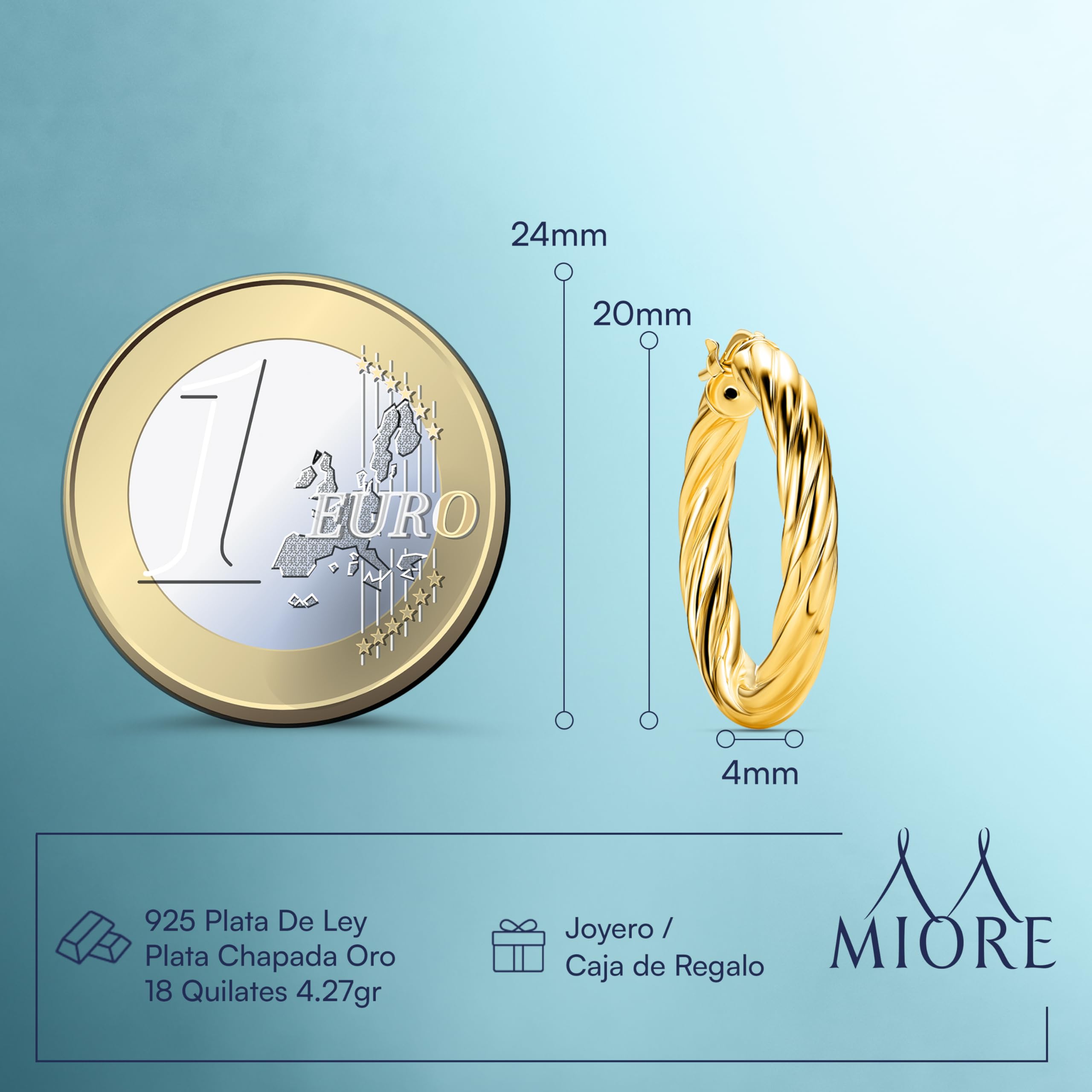 Miore Pendientes Mujer Plata de Ley 925 Bañados Oro 18K 750 de 20mm o Aros Redondos de Oro Amarillo 9 Quilates 18mm, Hechos a Mano en Italia, Joyas Dorados con Joyero