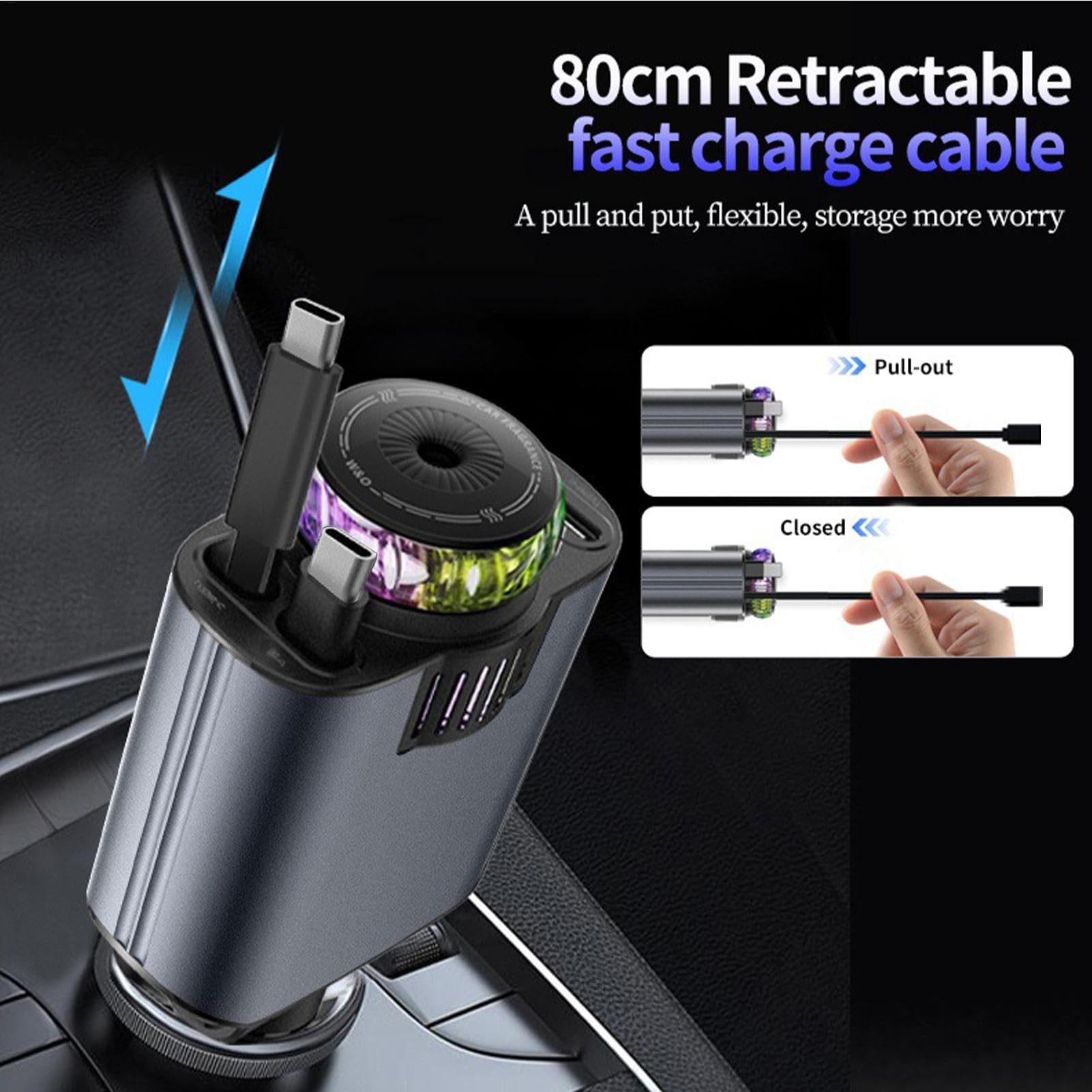 Caricabatteria per telefono da auto, stazione di ricarica rapida, 66 W | retrattile, multifunzione, veloce USB, proiettore a stella, diffusore di profumo per auto, 15 cm