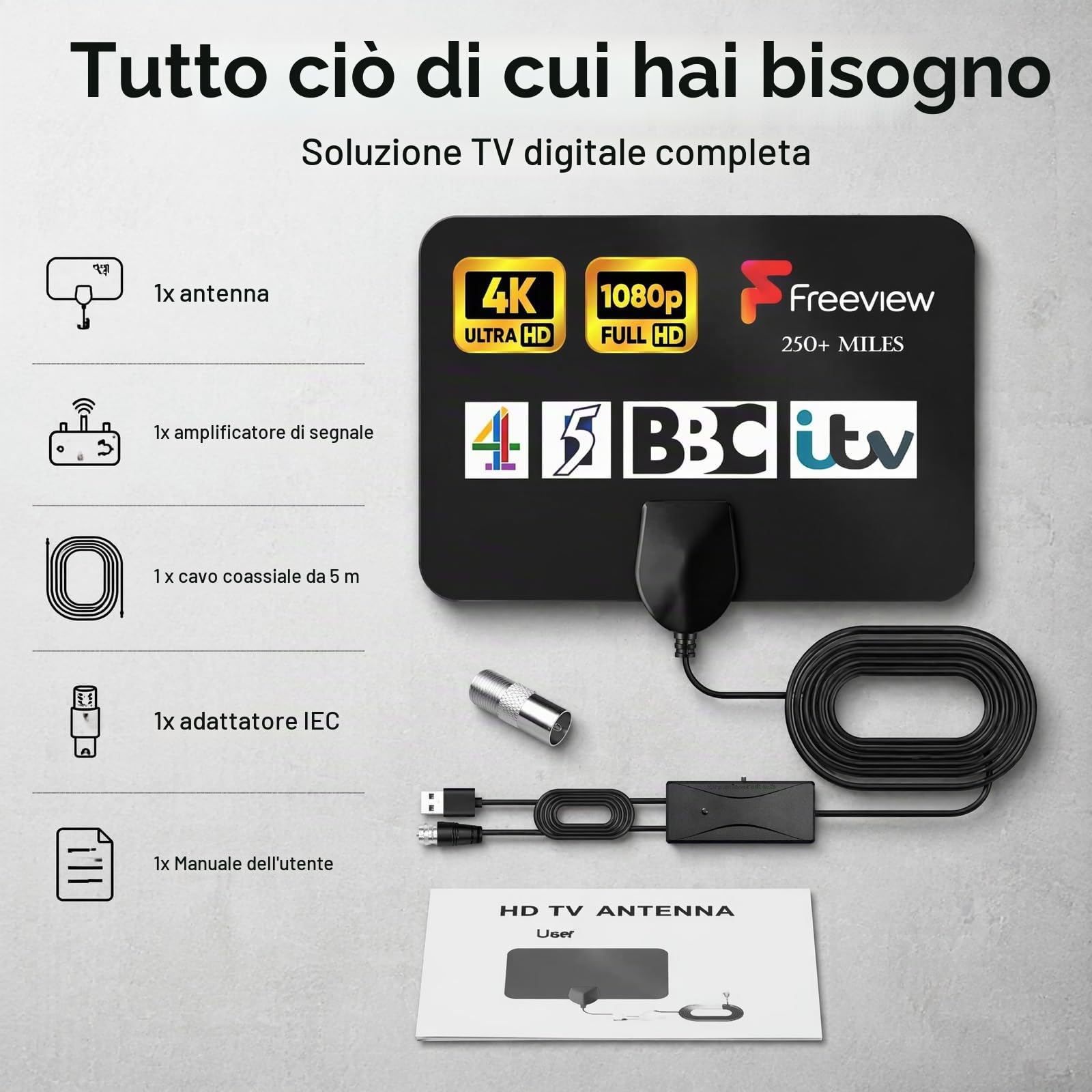 Antenna TV Interna Amplificata Potente, Antenna TV Portatile, HDTV Digitale 250+ Miglia, cavo Coassiale da 5 M, Compatibile DVB-T/T2, ISDB-T, DMB-T/H, ATSC, DAB/FM