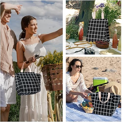 Miniatura 8 de HOMESPON Lonchera reutilizable con aislamiento, tela de lona con papel de aluminio, bolsa de almuerzo para mujeres, hombres, oficina (cuadros negros)