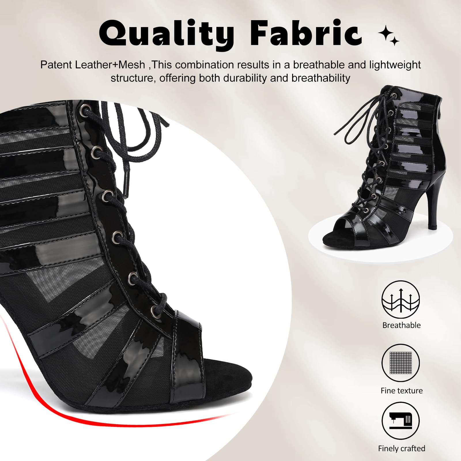 Damskie buty do tańca latynoskiego do tańca towarzyskiego sznurowane na wysokim obcasie z otwartym palcem z siatki,DS-K400,Obcas 9.5 cm