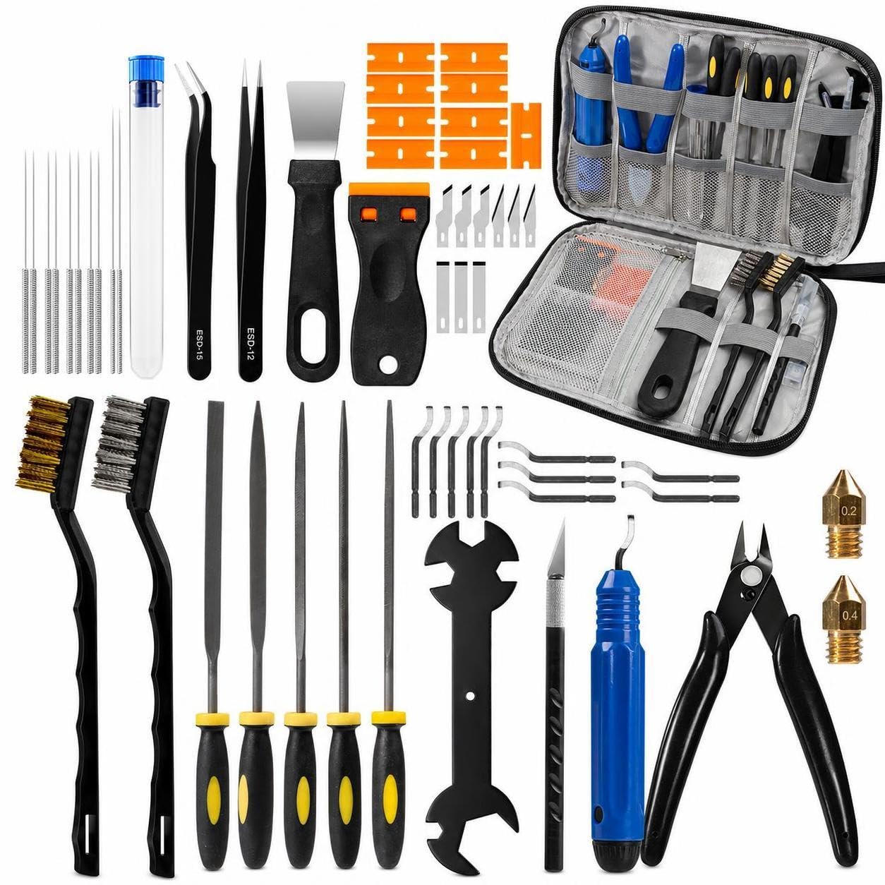 3D Printer Tool Kit for Model Removal, Support Cleaning, Polishing, and Nozzle Maintenance 57-piece Kit with Upgraded Cloth Bag Black-image-46