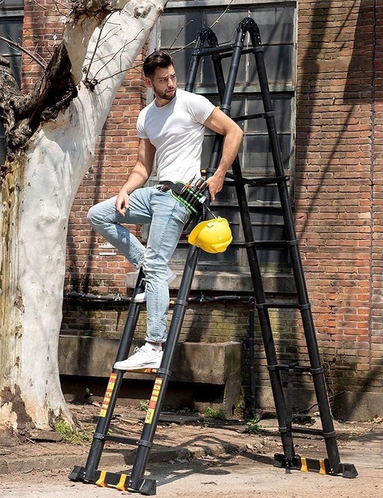 OKUOKA Black Aluminum Telescoping Ladders for Rooftops? & Outdoor - Multipurpose Mighty? Retractable Ladders with Wheels & Stabilizer Bar (Size : 1.7m+1.7m/5.5ft+5.5ft)