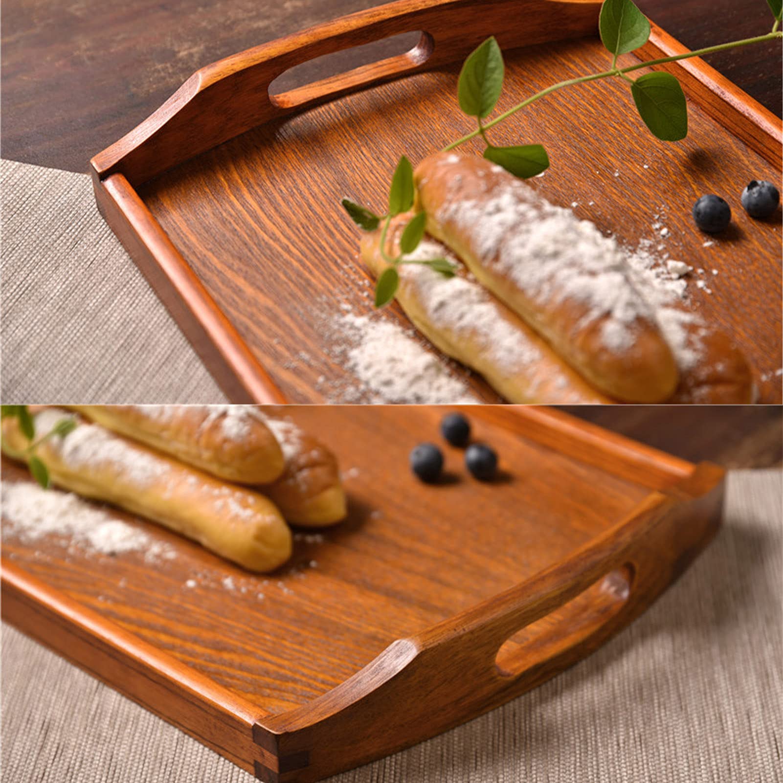Vassoio da portata in legno naturale con manici, robusto, 45 x 27 x 4,5 cm, vassoio da pranzo per cucina, ristorante e intrattenimento domestico, per servire cibo e bevande