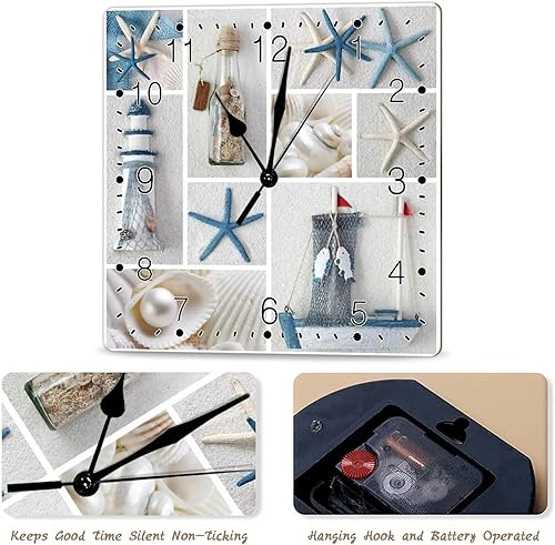 Miniatura 5 de Reloj vintage de casa de playa, estilo campestre, velero, verano, playa, estrella de mar, conchas, relojes de pared colgantes de madera silenciosa,