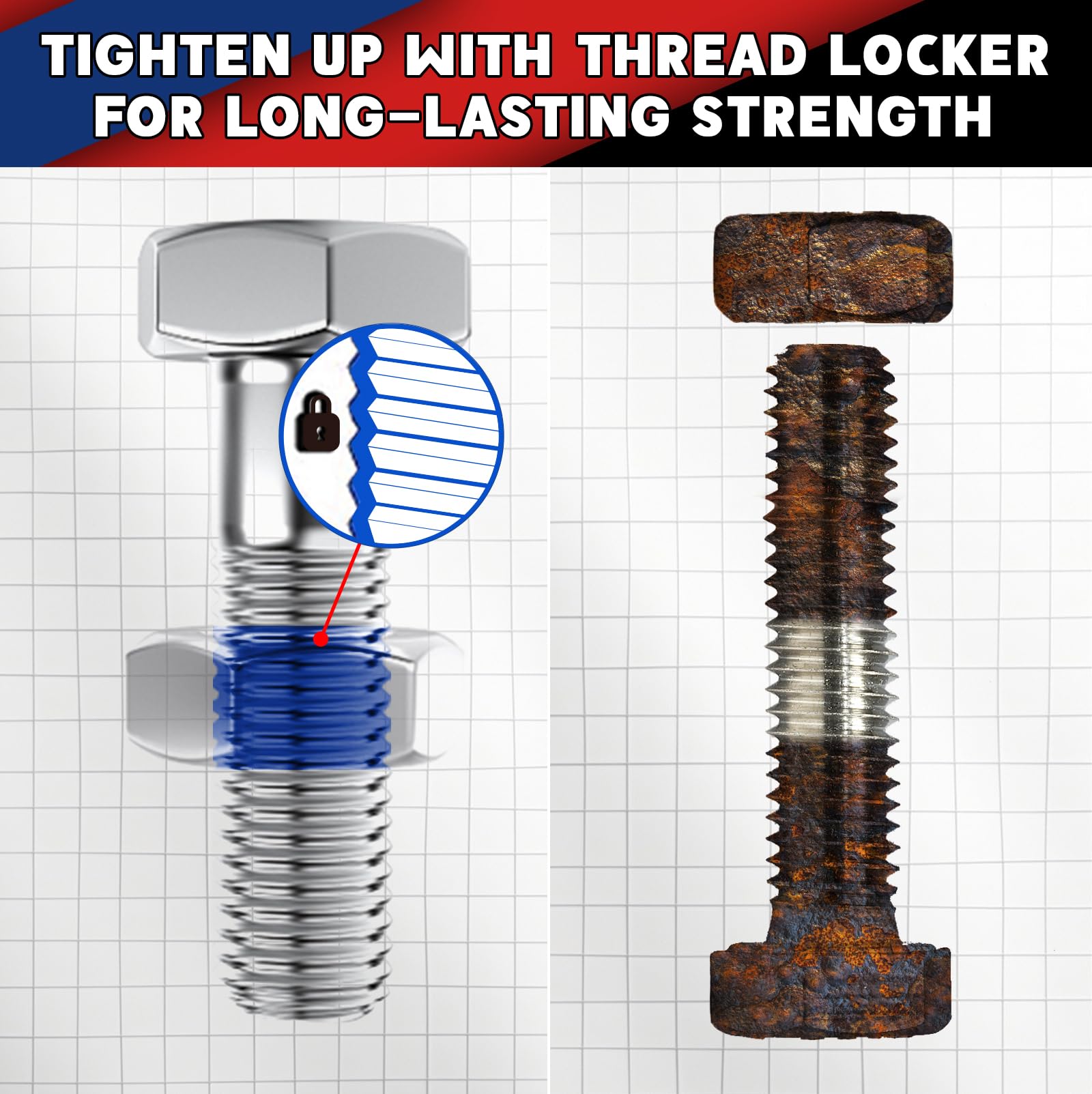 Thread Lock 50ml Blue and 50ml Red, Medium Strength and Strong Strength Threadlocker, Thread Locker for Metal, Fasteners, Nuts, Bolts to Against Losening and Seal