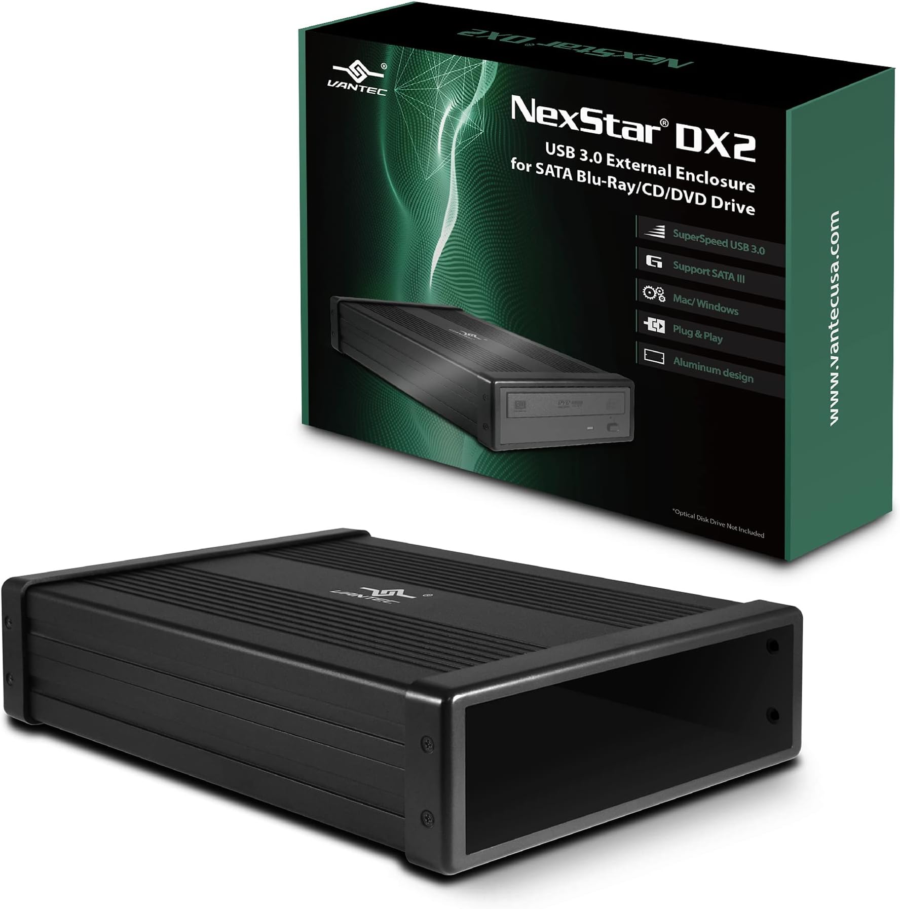 Vantec NexStar DX2 USB 3.0 External Enclosure Design for 5.25" Blu-Ray/CD/DVD SATA Drive, Second Generation of DX, No Drivers Needed, Aluminum Alloy (NST-540S3-BK)