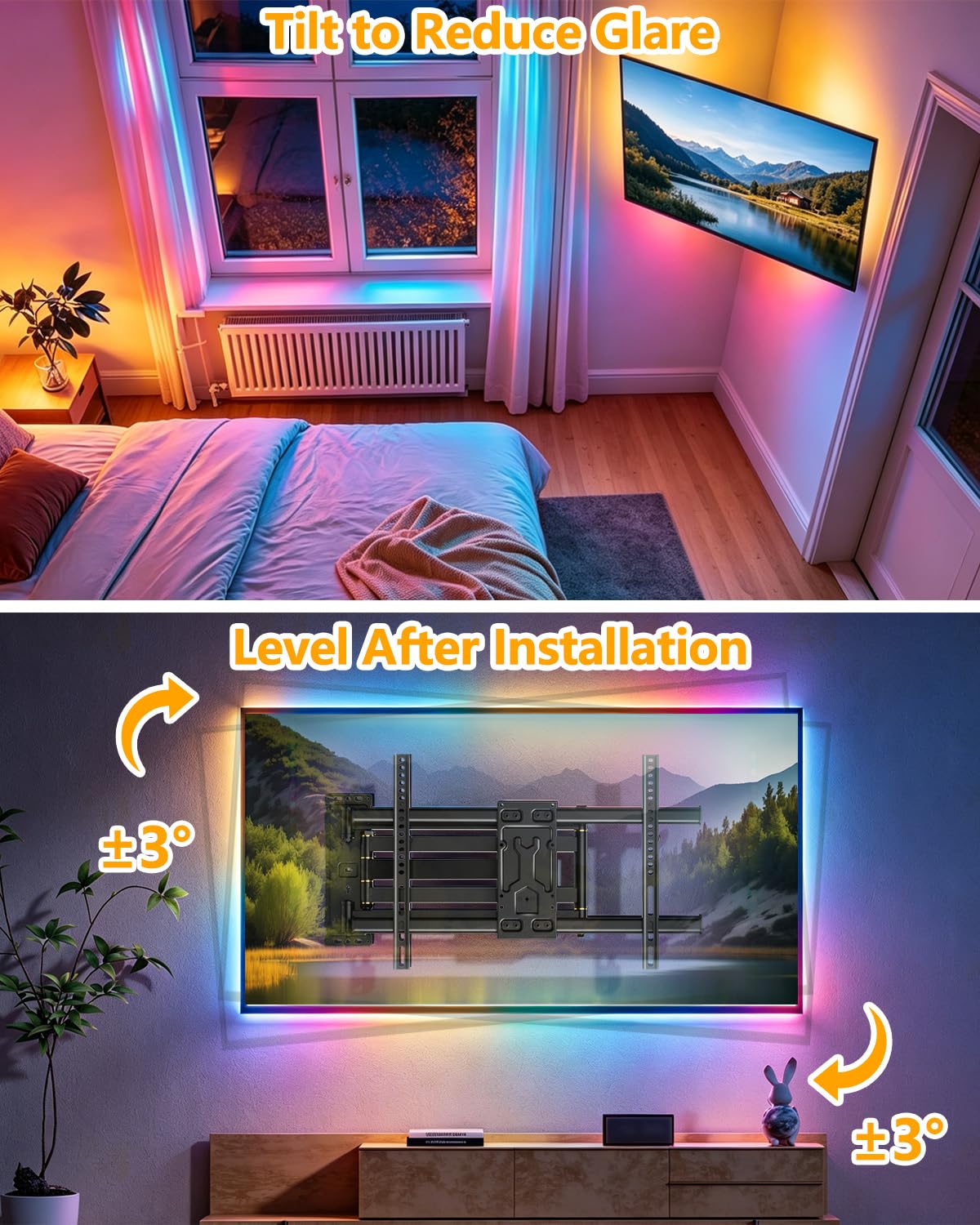 TV Wandhalterung für 35-75 Zoll TVs bis 45 kg mit LED-Beleuchtung | 1015mm langer Arm, Musik-Synchronisation, Schwenk, Erweiterungs und Neigefunktion, Max VESA 600x400mm
