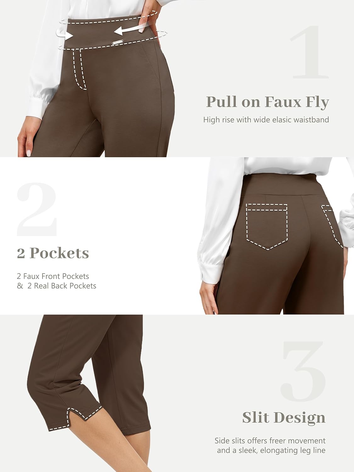 Tapata Women's Capri Dress Pants 19"/20.5" Stretch High-Waist Crop Office Work Pants Summer Casual Capris Slacks Yoga 19" Inseam|Height:5'4"-5'6", Twill, Brown, XXL - Image 4