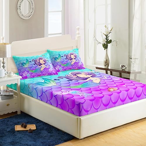 Miniatura 3 de AILONEN Bonita sábana bajera ajustable de sirena de dibujos animados, tamaño individual, hermoso juego de sábanas con temática de medusa para niños