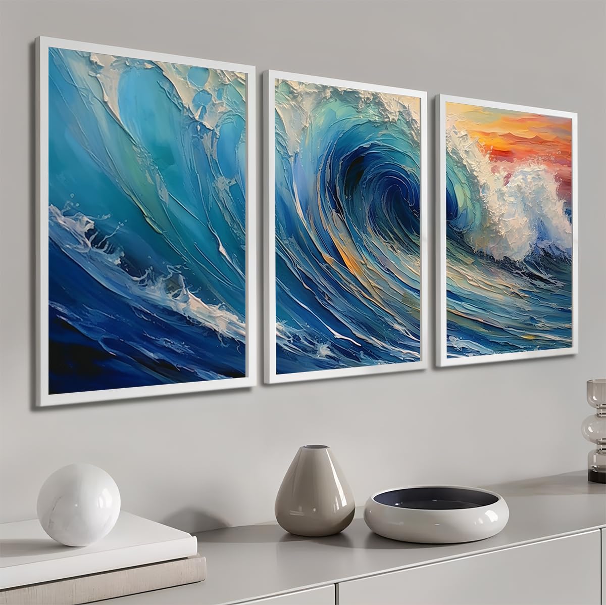 Kit 3 Quadros Decorativos Mar De Ondas - Moderno - 60x40cm - Branco