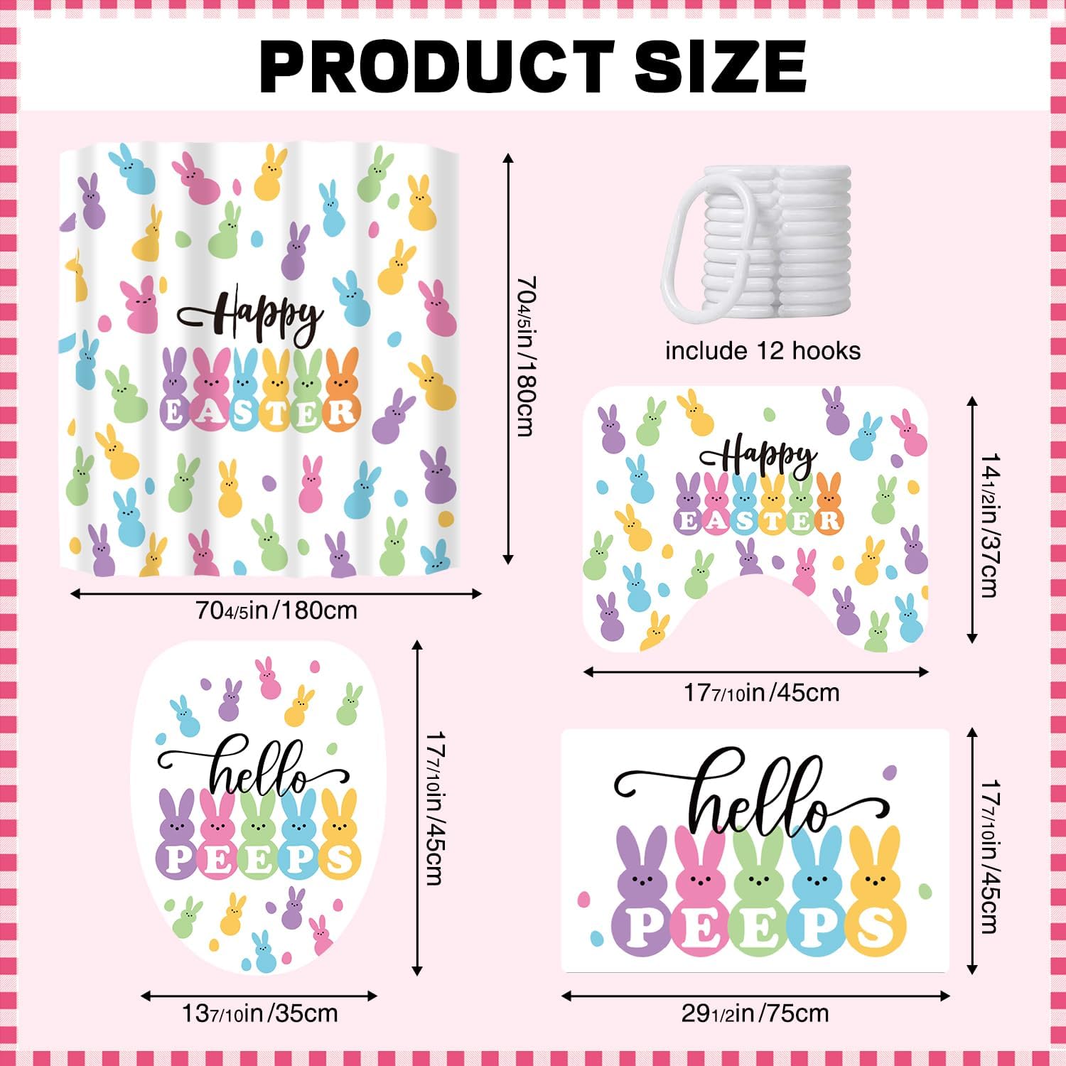 tineit Easter Shower Curtain Set, Bright Bunny Design Elevates Your Bathroom, 71 x 71 in Polyester with 12 Hooks, Coordinating Rugs and Lid Cover