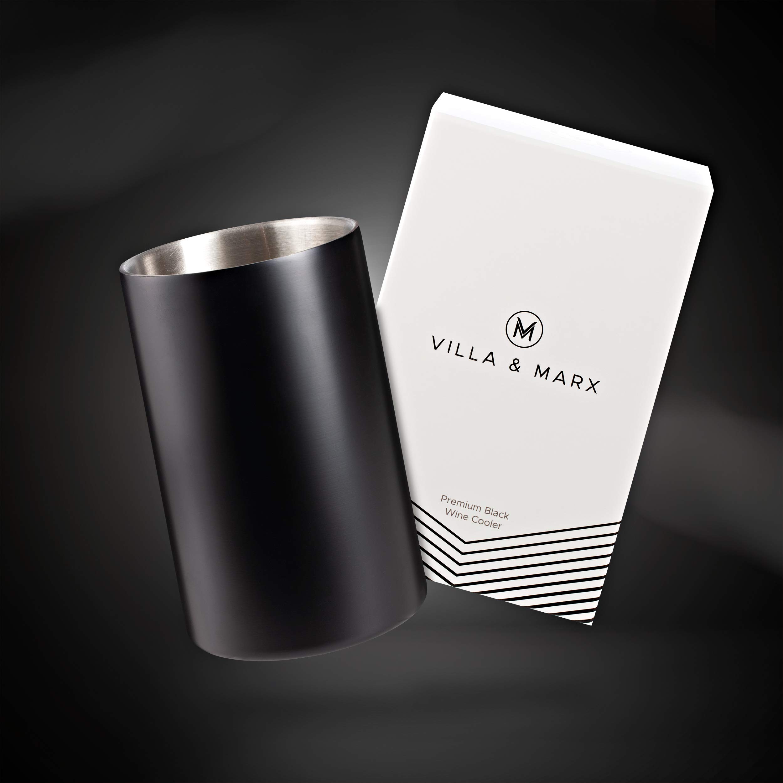 Villa & Marx Weinkühler Edelstahl - Flaschenkühler für Wein, Champagner und Weißwein - Doppelwandiger Sektkühler aus Metall - Sekt Flaschen Kühler mit Premium Geschenkbox (Schwarz Weinflaschenkühler)