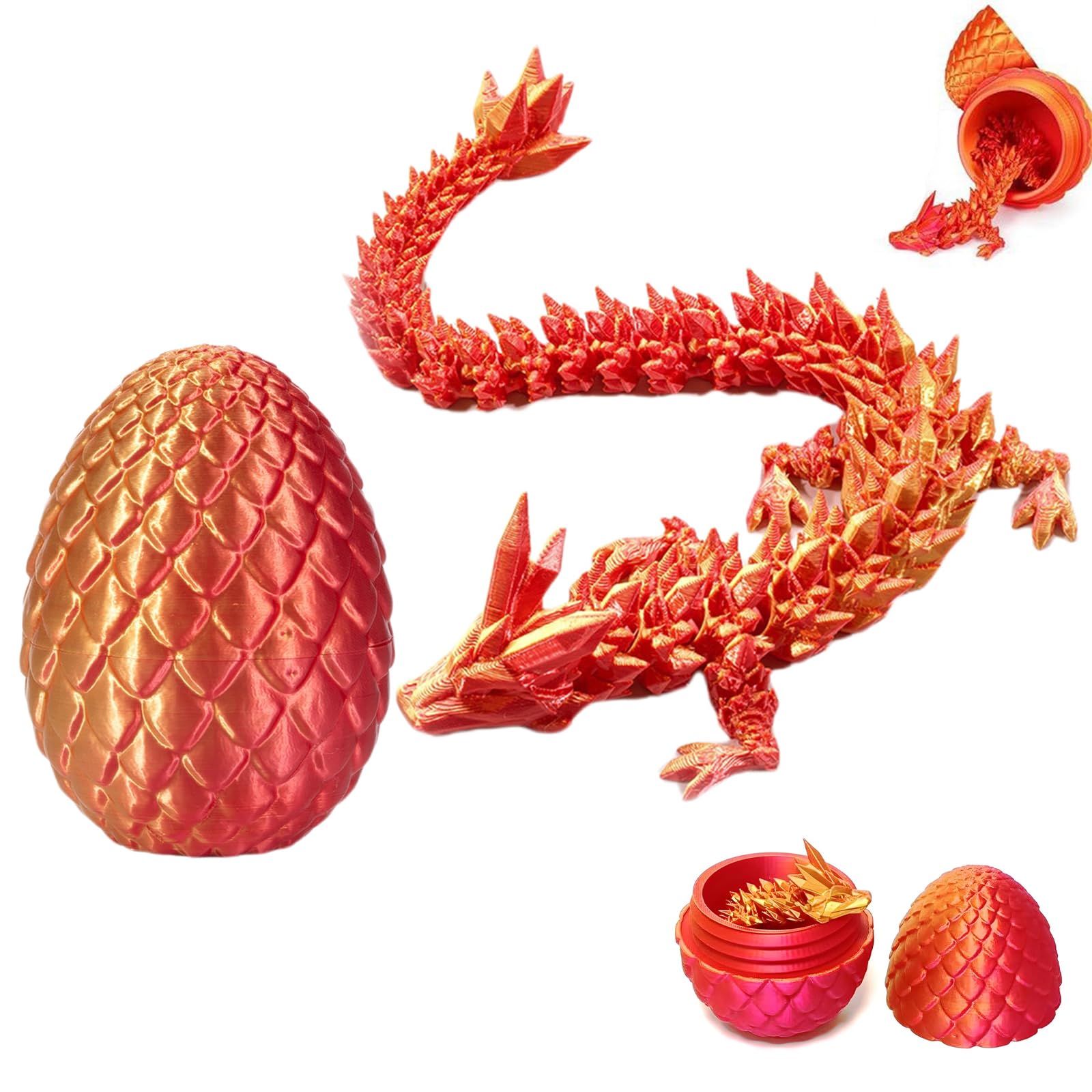 30cm 3D Printed Dragon, Flexible 13cm Joints 3D Dragon Eggs With Dragon Inside, Articulated 3D Printed Fidget Toy, Creative Decoration For Home Office Desk Dragon Fidget Toy (Red Gold)