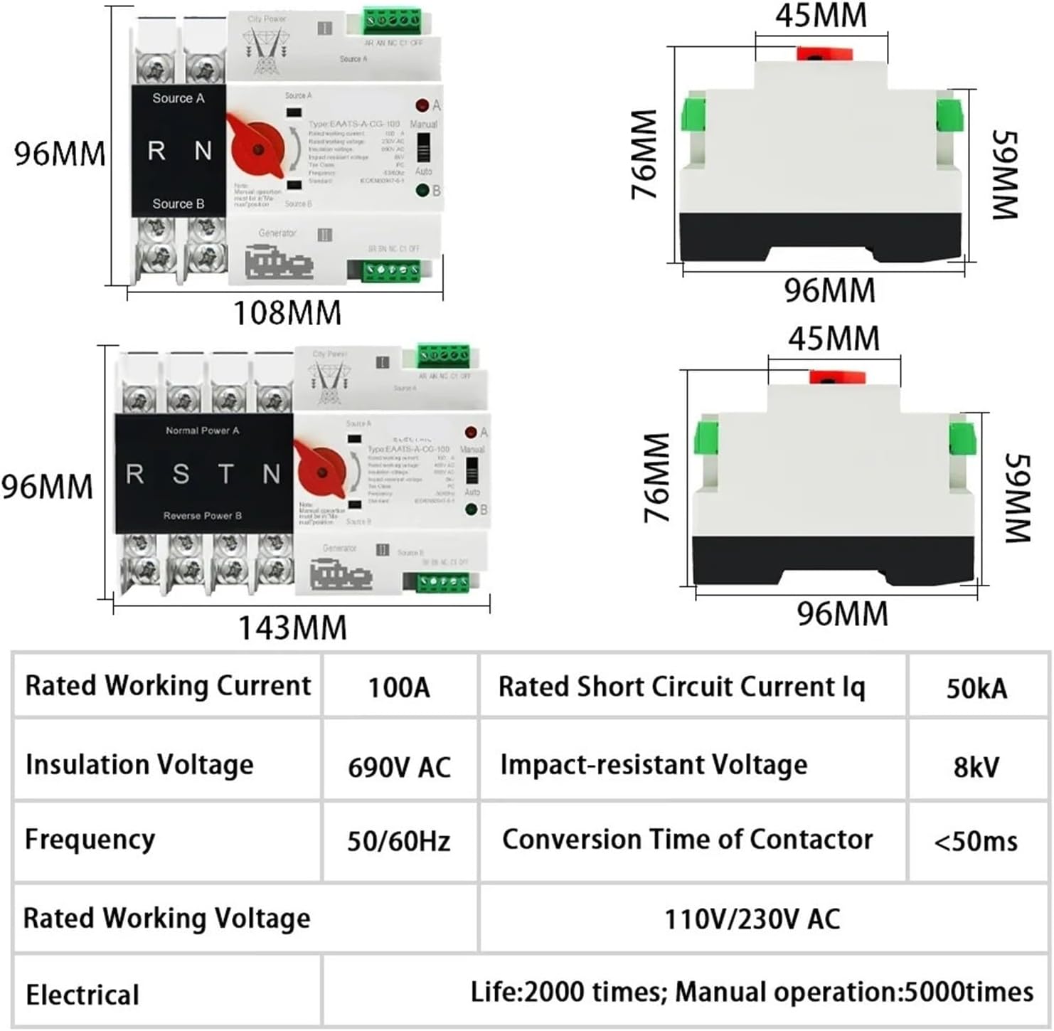 Dual Power Automatic Transfer Switch Single Phase Din Rail ATS PV 2P 4P 100A AC 110V 220V Dual Power Automatic Transfer Electrical Selector Switches Uninterrupted(City Grid-Generator,2P AC 220V)