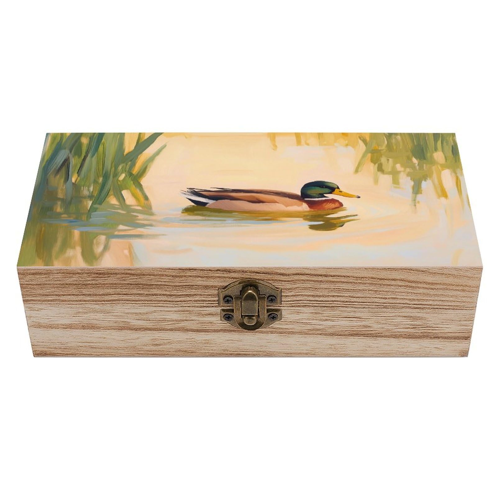 Ahdyr Duck Swimming Wooden Storage Box with Hinged Lid And Front Clasp Large Keepsake Box