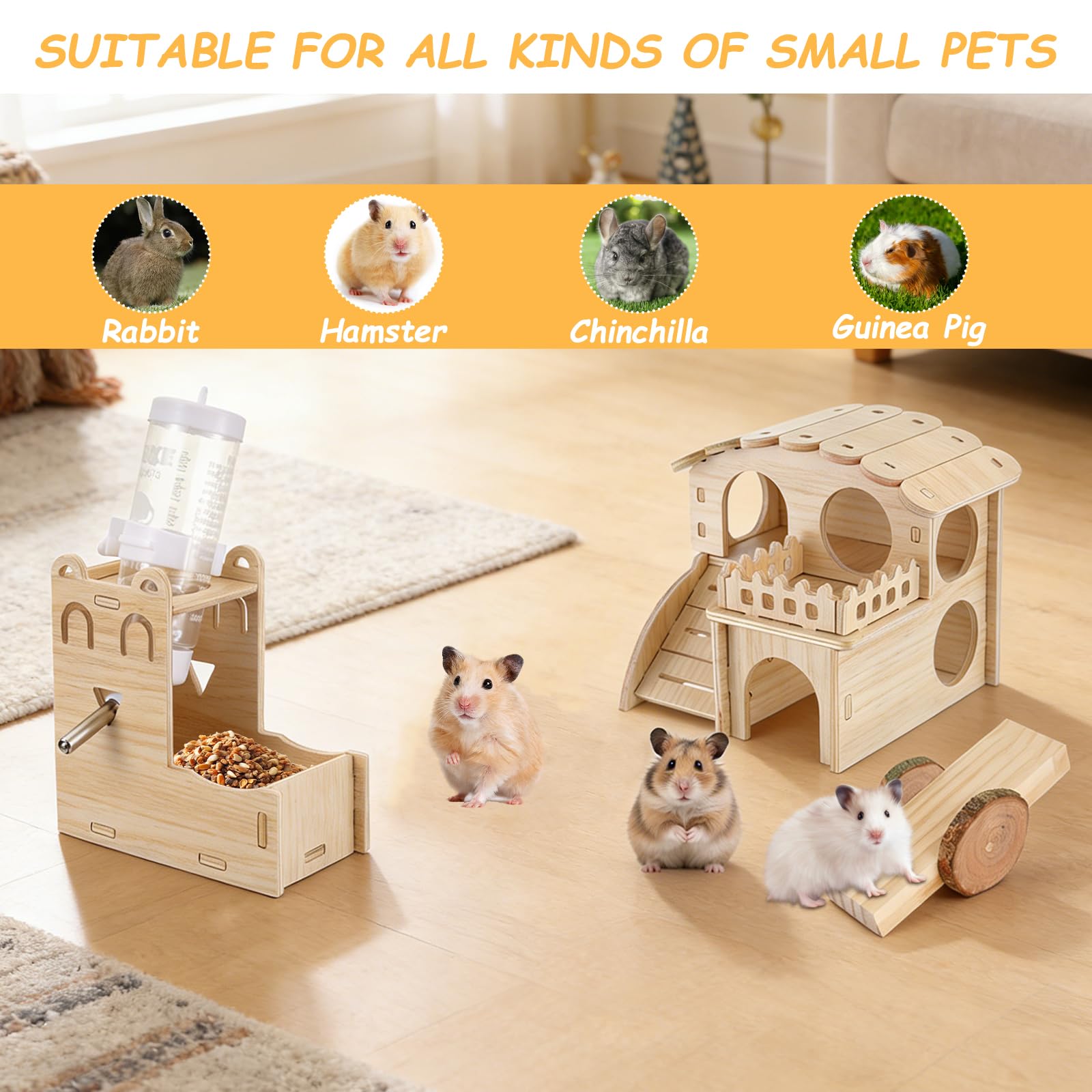Hamsterspielzeug Komplettset - Geräuschloses lautloses Laufrad, Labyrinth-Holzhaus, Ständer, Kauspielzeug & Wasserflaschenkäfig-Zubehör für Hamster, Ratten, Mäuse, Kleintier-Lebensraum