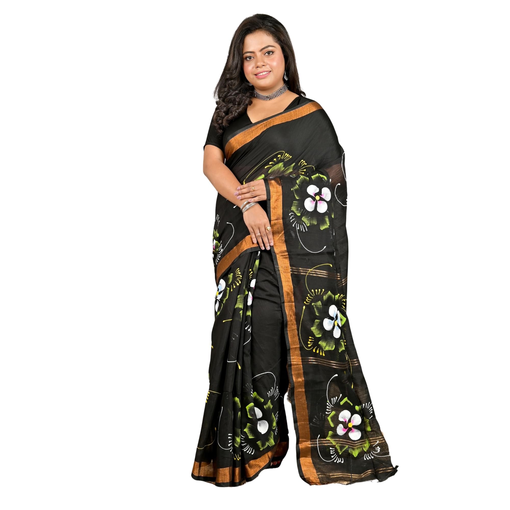 Hand Painted, Floral Print, Printed Cotton Blend Saree-image-29
