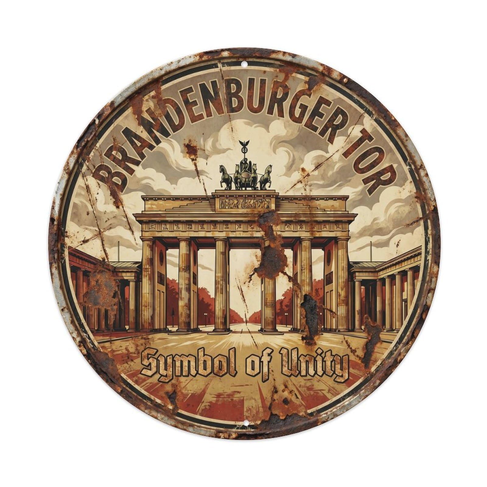 Vintage Travel Brandenburg Gate Berlin 2 Metal Tin Sign Plaque Wall Decor for Cafe, Club, Garden Round Metal Poster 8x8Inch