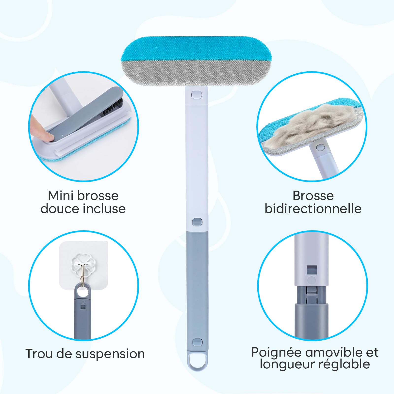 Brosse a Poils Animaux, Ramasse-Poils Réutilisable pour Canapé, Tapis & Textiles, Manche Amovible, Brosse de Détail Intégrée, Facile à Nettoyer