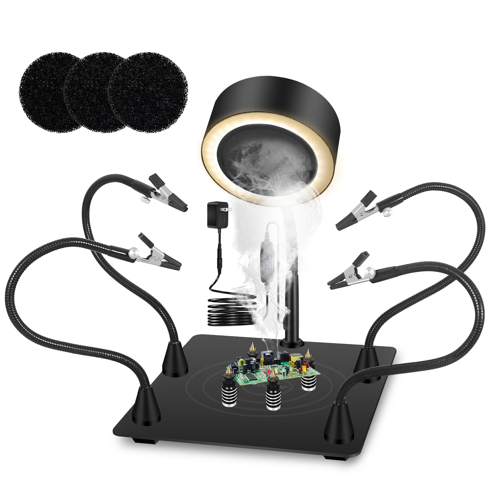 Toolour Helping Hands soldering Station with Solder Smoke Absorber Fan Lamp, 3-in-1 Third Hand Soldering Tool with 4 PCB Holders, 4 Arms and 3 Carbon Filters for Welding Desoldering Repair ESD Work