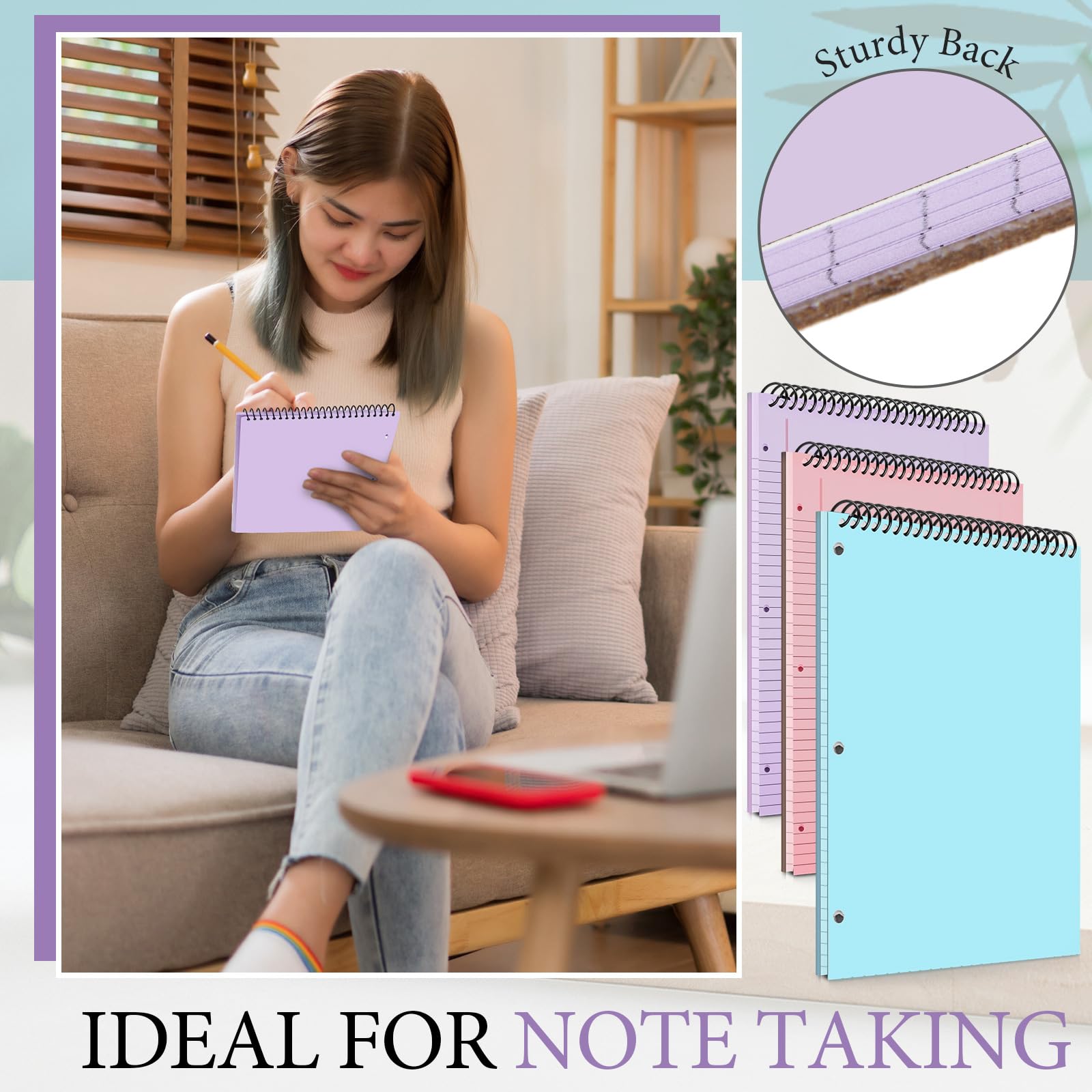MotiMind Paquete de 10 cuadernos con espiral superior de 8.5 x 11 pulgadas con 3 agujeros perforados, bloc de notas con rayas universitarias, 50 hojas de papel de cartón duro, bloc de notas