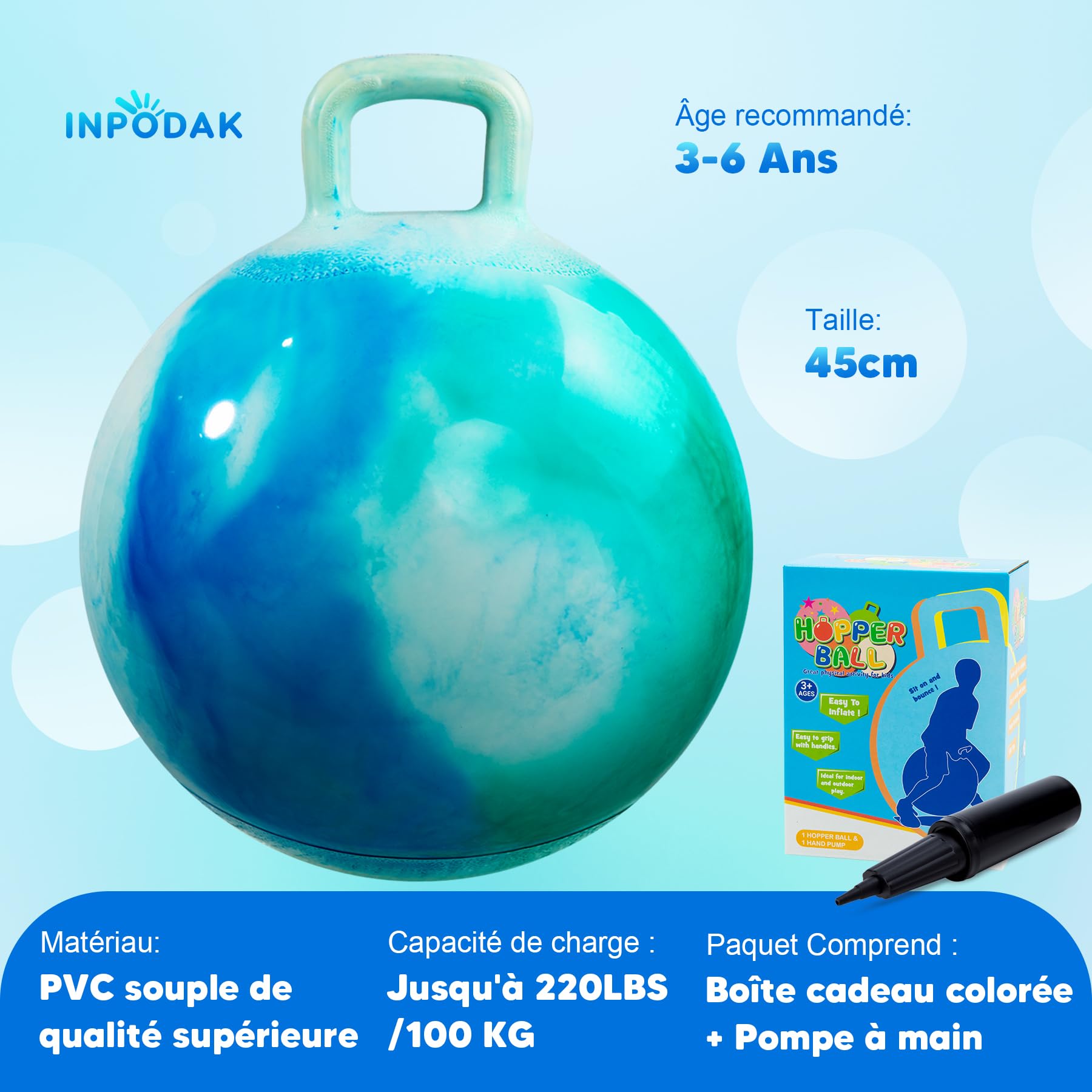 INPODAK Space Hopper, Balle Sauteuse de 45cm, Balle Sauteuse pour Enfants de 3 à 6 Ans, Balle Rebondissante avec poignée, Jouet Sauteur pour Enfants de 3, 4, 5 et 6 Ans(Nuages Bleus)