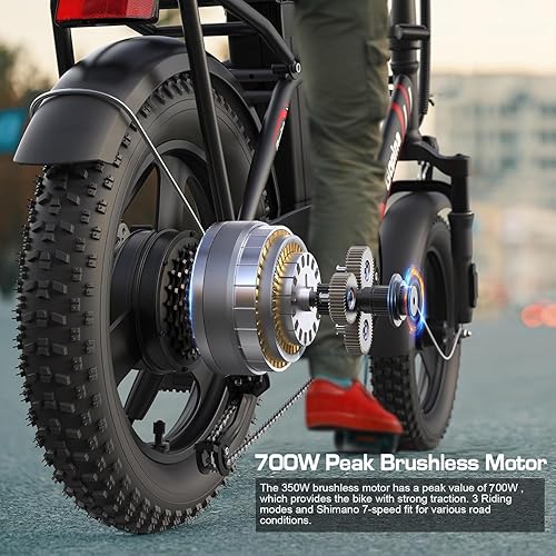 Miniatura 4 de Vivi Gopina - Bicicleta eléctrica con neumáticos gruesos de 16 pulgadas x 3.0, bicicleta eléctrica de pico de 500 W, batería extraíble de 48 V