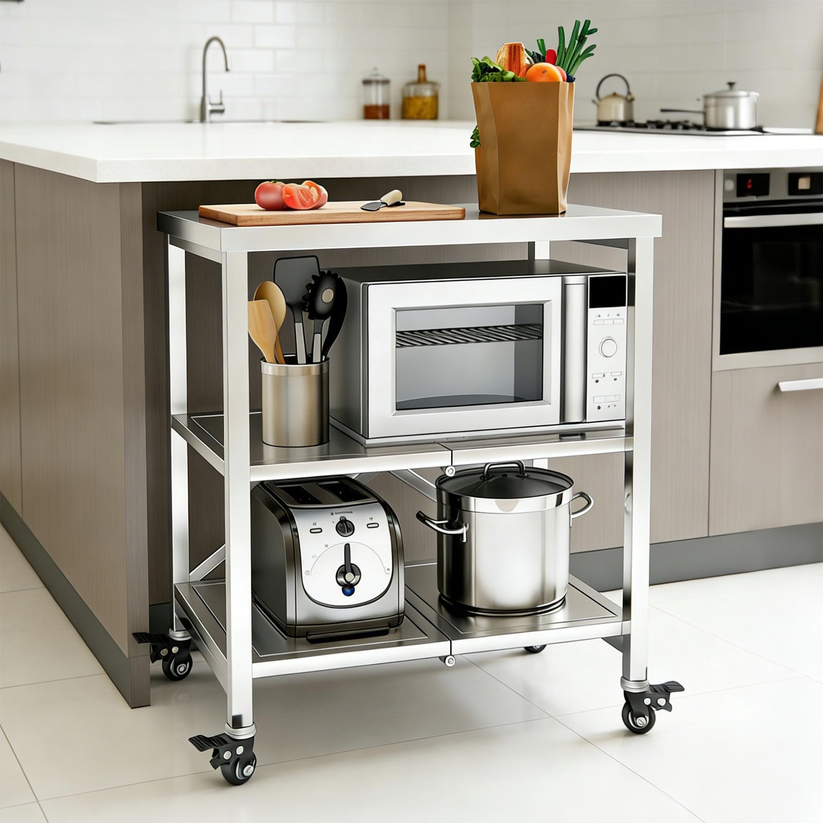 Carrello da Cucina, Mobiletto Carrelli da Portata 3 Ripiani Scaffale Microonde Metallo, 60x45x80cm Ripiegabile Scaffalatura Portaoggetti Servizio su Ruote per Ristorante Ufficio, Argento